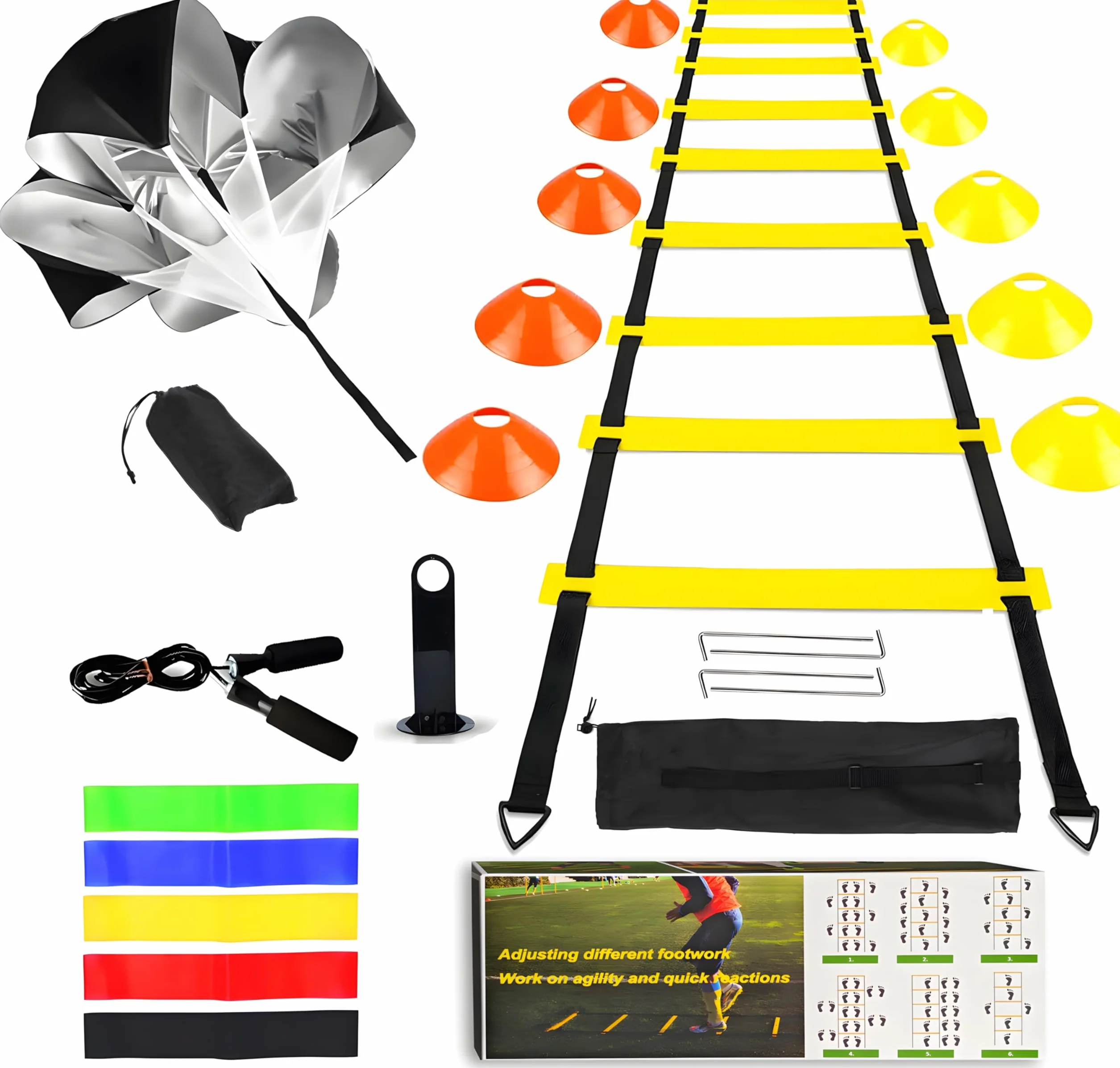 Kit Allenamento Calcio,Scaletta Calcio 6M con 4 Chiodo da Terra,10 Cinesini per Allenamento Calcio Paracadute,5 Fasce di Resistenza Allenamento Calcio,Corda per Saltare Set Allenamento Calcio