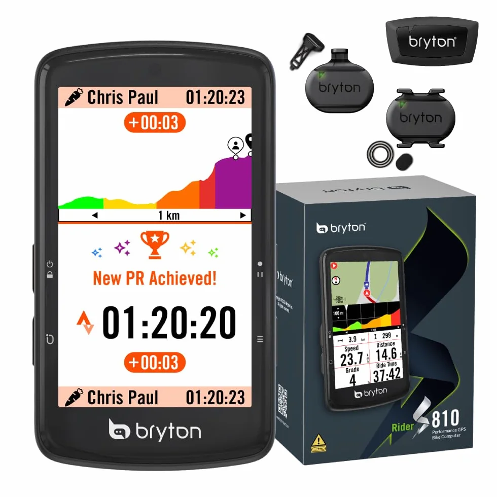 Bryton Rider S810 Ciclocomputer GPS bundle con display 3,5" 2.5D, 50 h di batteria, mappa Europa offline, guida svolta per svolta, ANT+/BLE, segmenti Strava Live, con sensori inclusi