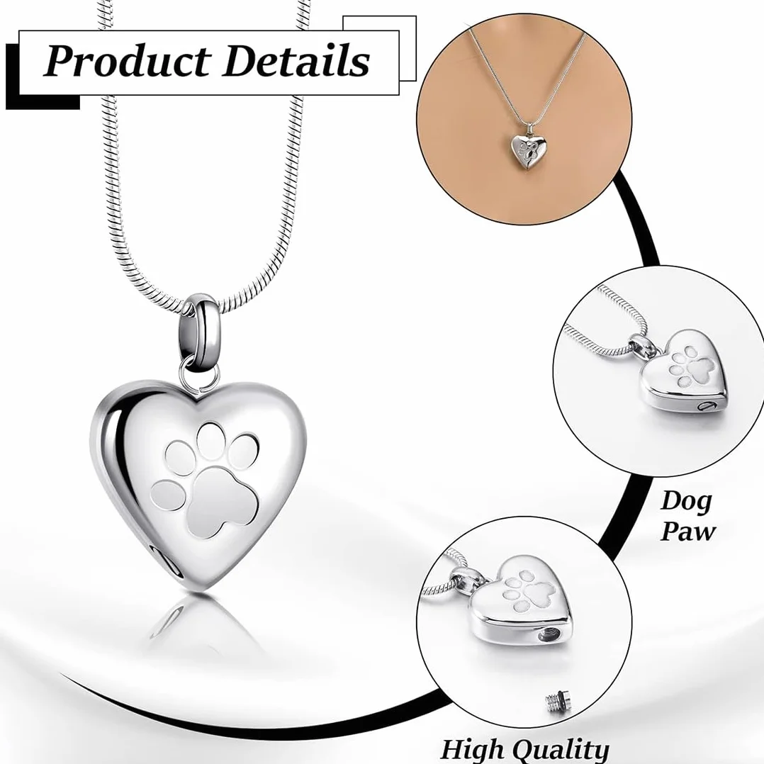 Gioielli Cremazione Animali Domestici Ceneri Ciondolo Stampa Zampa Animali Domestici Collana con Urna Forma Cuore Gioielli Commemorativi per Ceneri di Animali Domestici/Cane/Gatto（Argento）