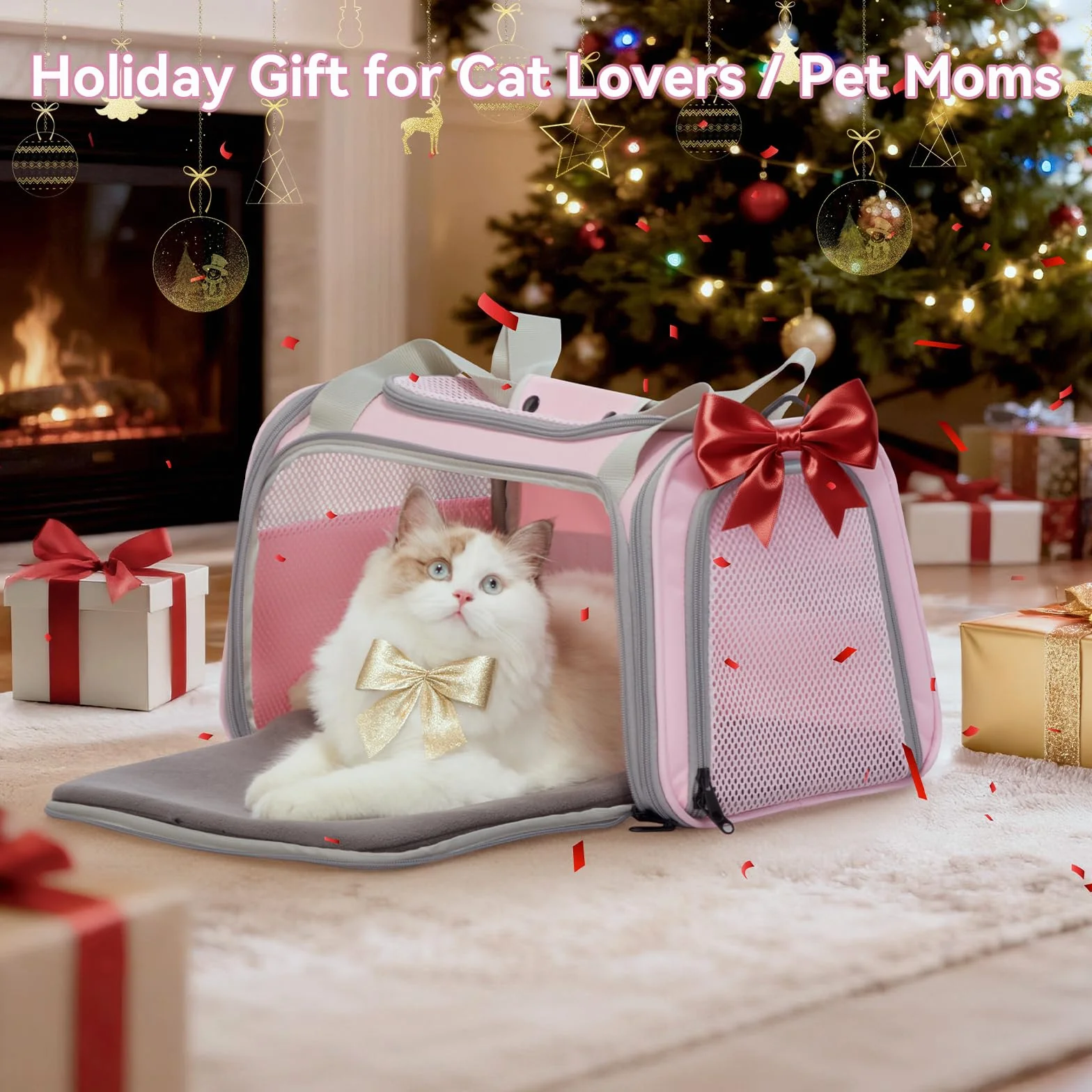PETSFIT Borsa per gatti con tappetino estensibile, approvato dalle compagnie aeree, trasportino per gatti e cuccioli fino a 5,4 kg (44 x 26,5 x 27 cm, rosa)