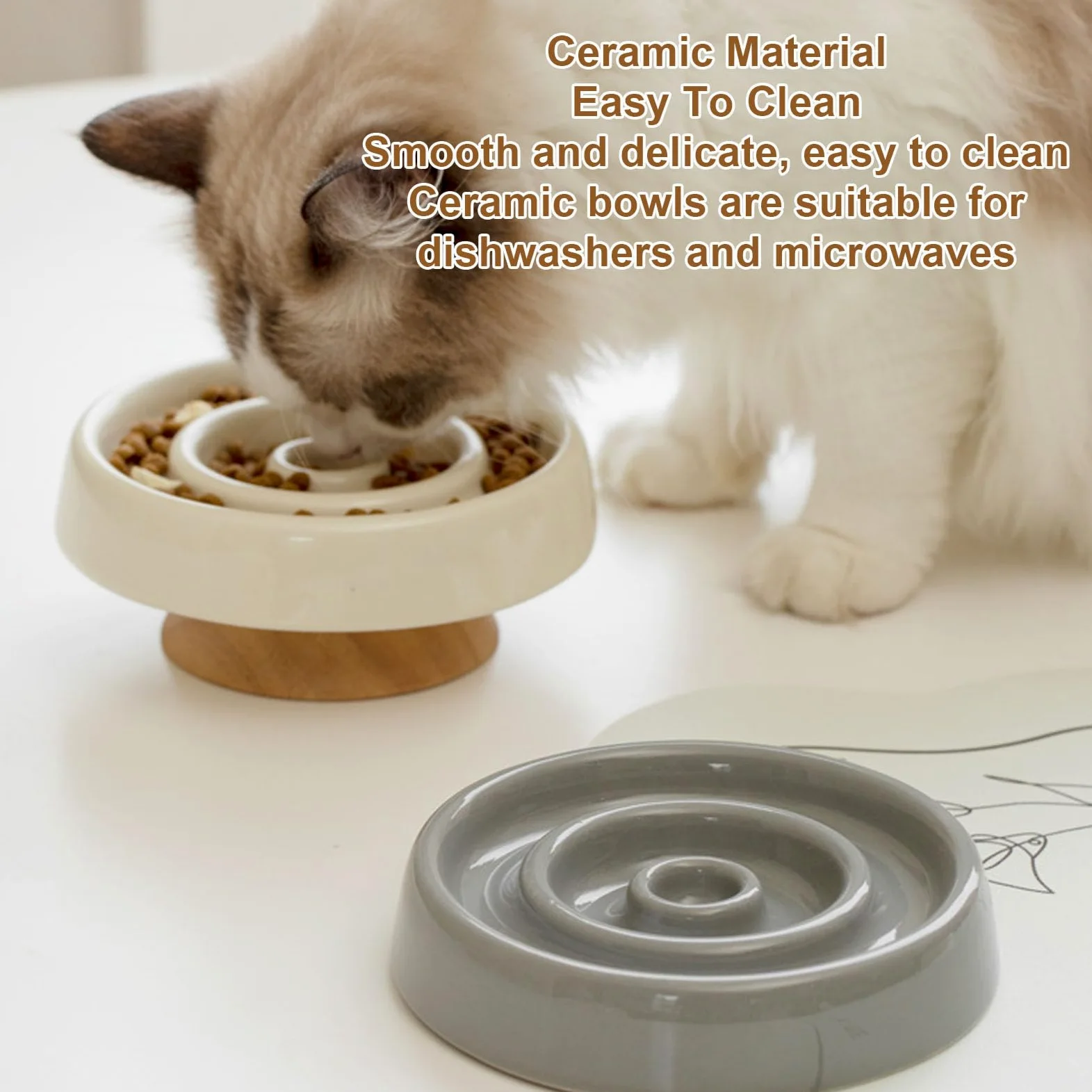 Ciotola per Gatti in Ceramica con Alimentazione Lenta con Base in Legno Rialzata, Mangiatoia Lenta Antiscivolo per Gatti per Prevenire Gonfiore e Soffocamento (Beige chiaro)