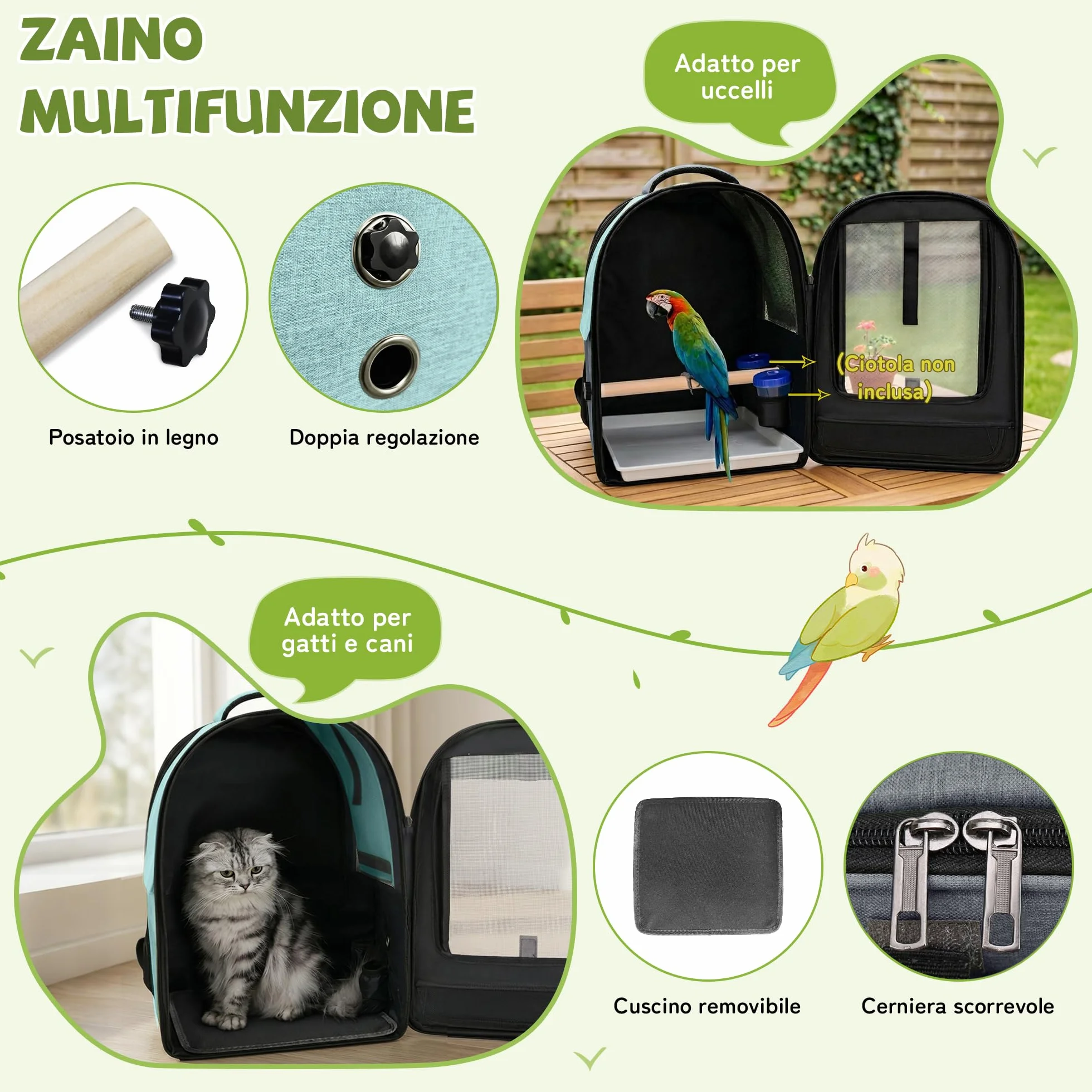 ALLSOPETS Zaino per Uccelli per Pappagalli e Piccoli Animali – Borsa Traspirante con Posatoio Regolabile e Vassoio Rimovibile, Ideale per Viaggi e attività all’Aperto (Blu Ghiacciaio)