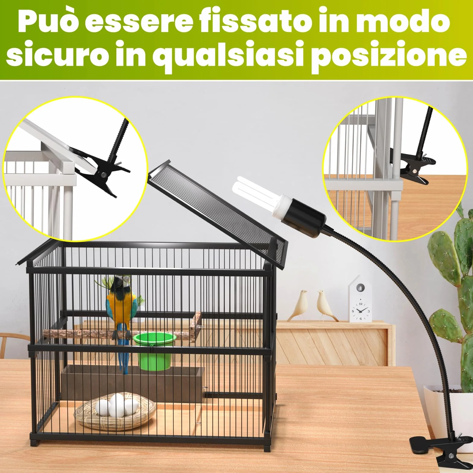Lampada per uccelli UVB 2.4 E27 20W a morsetto GlowUp set completo
