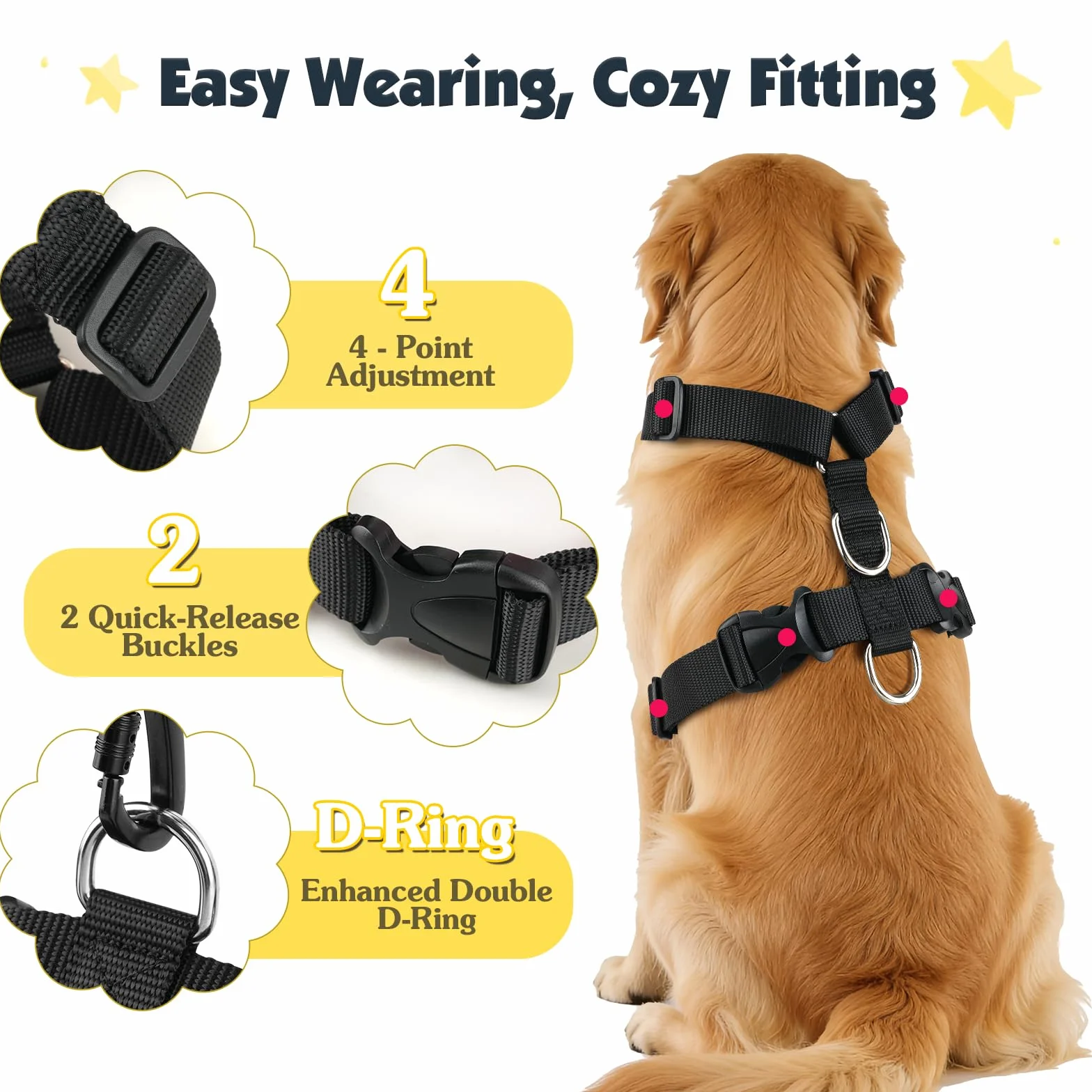 Pawaboo Cintura di Sicurezza per Cani da Auto,Imbracatura Cani Auto con Doppia Clip,Giubbotto Traspirante Regolabile&Cinghia Sicurezza con Elastico per Animali Piccola,Media,Grande, XL, Nero