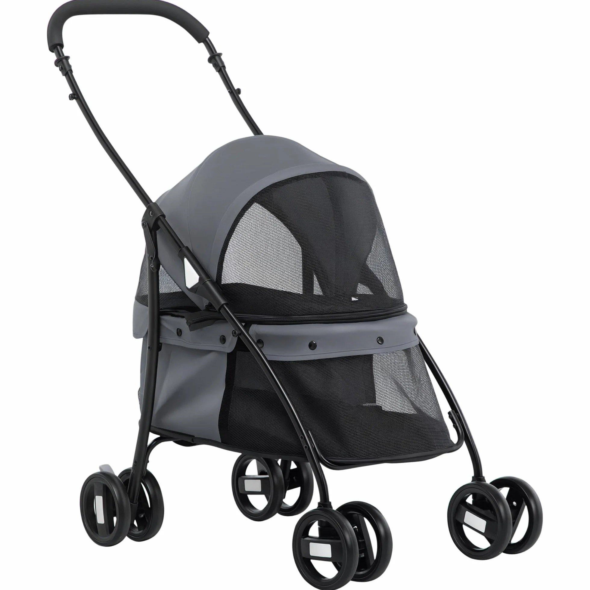 PawHut Passeggino per Cani Pieghevole con Tettuccio Regolabile, Borsa e 2 Guinzagli, Passeggino per Animali in Tessuto Oxford e Acciaio, 82x47x97 cm, Grigio e Nero