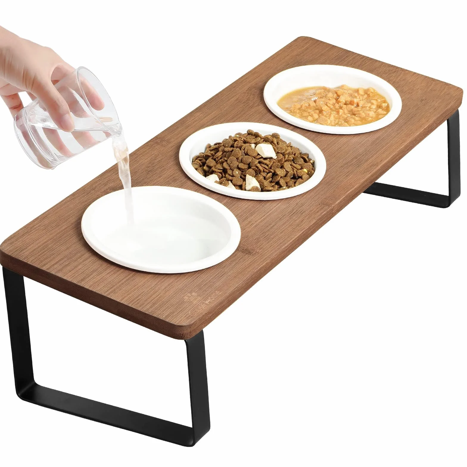 GUUSII HOME Ciotole per Gatti Rialzate 3 in 1 Ciotola Gatto Legno Ceramica 15° Inclinate Set di 3 Ciotole per Alimenti Ø12cm con Supporto in Bambù Inclinato Antiribaltamento