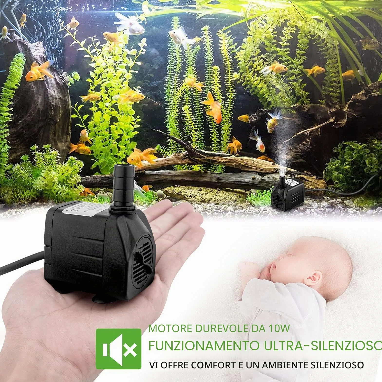 Mini pompa dell'acqua (600 L/H, 10 W), per acquario ultra silenziosa con sollevamento, per fontane, con cavo di alimentazione da 1,5 m, 2 ugelli, per statue, idroponica