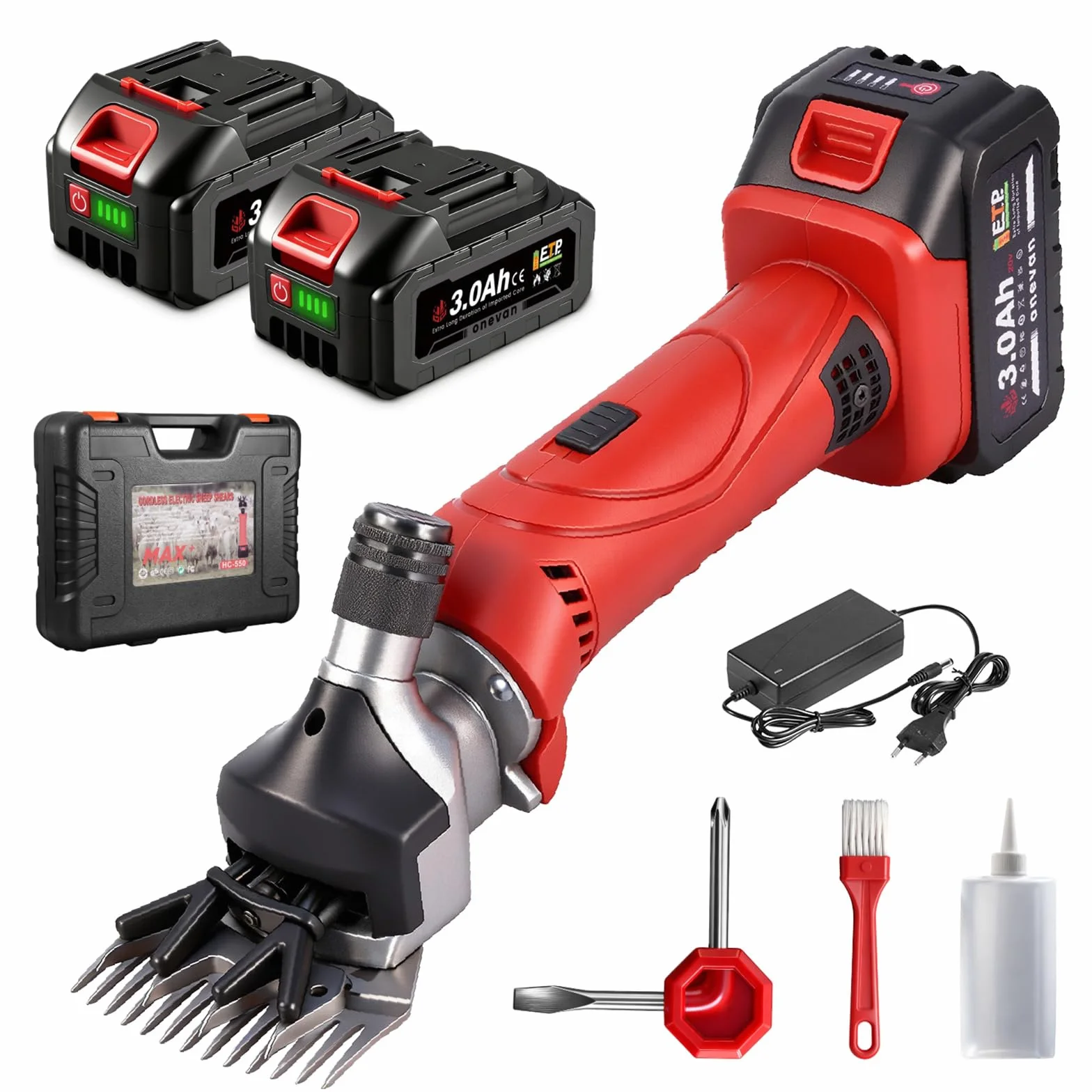 ONEVAN Tosatrice per pecore a batteria 500 W 6 velocità 13 denti 2 batterie 3,0 Ah Rosso