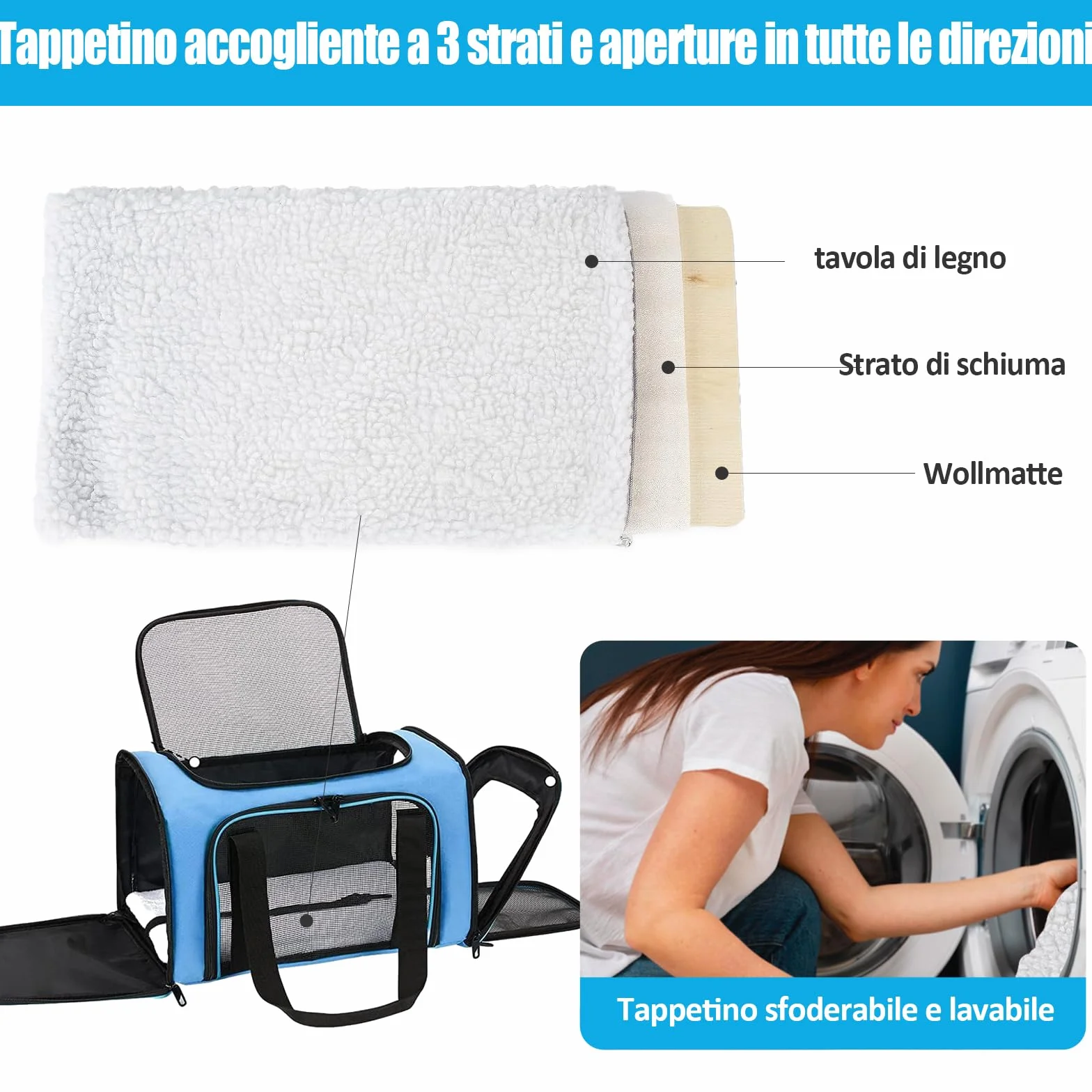 Trasportino per Cani e Gatti, Gabbietta per Animali Domestici, Tappetino Lavabile Rimovibile, con Tracolla, Borsa Ripiegabile Viaggio Sull' Aereo (Blu) L 50 x B 34 x H 34 cm