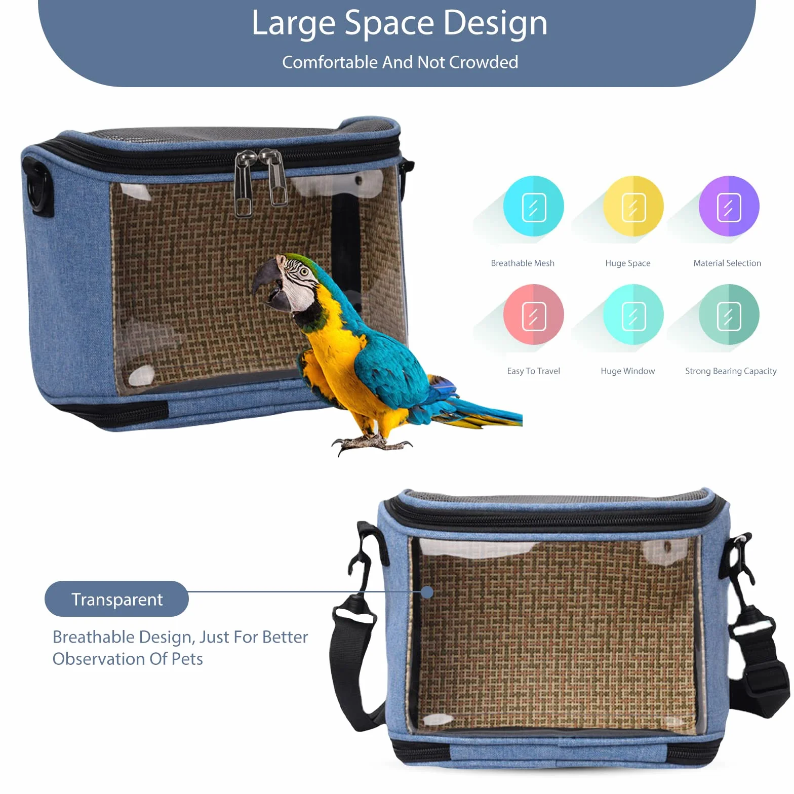 PETCUTE Trasportino per uccelli con Tracolla,Trasparente PVC Trasportino Portatile per Pappagalli per Uccelli da Compagnia,Borsa per il Trasporto di Uccelli con Cintura di sicurezza integrata