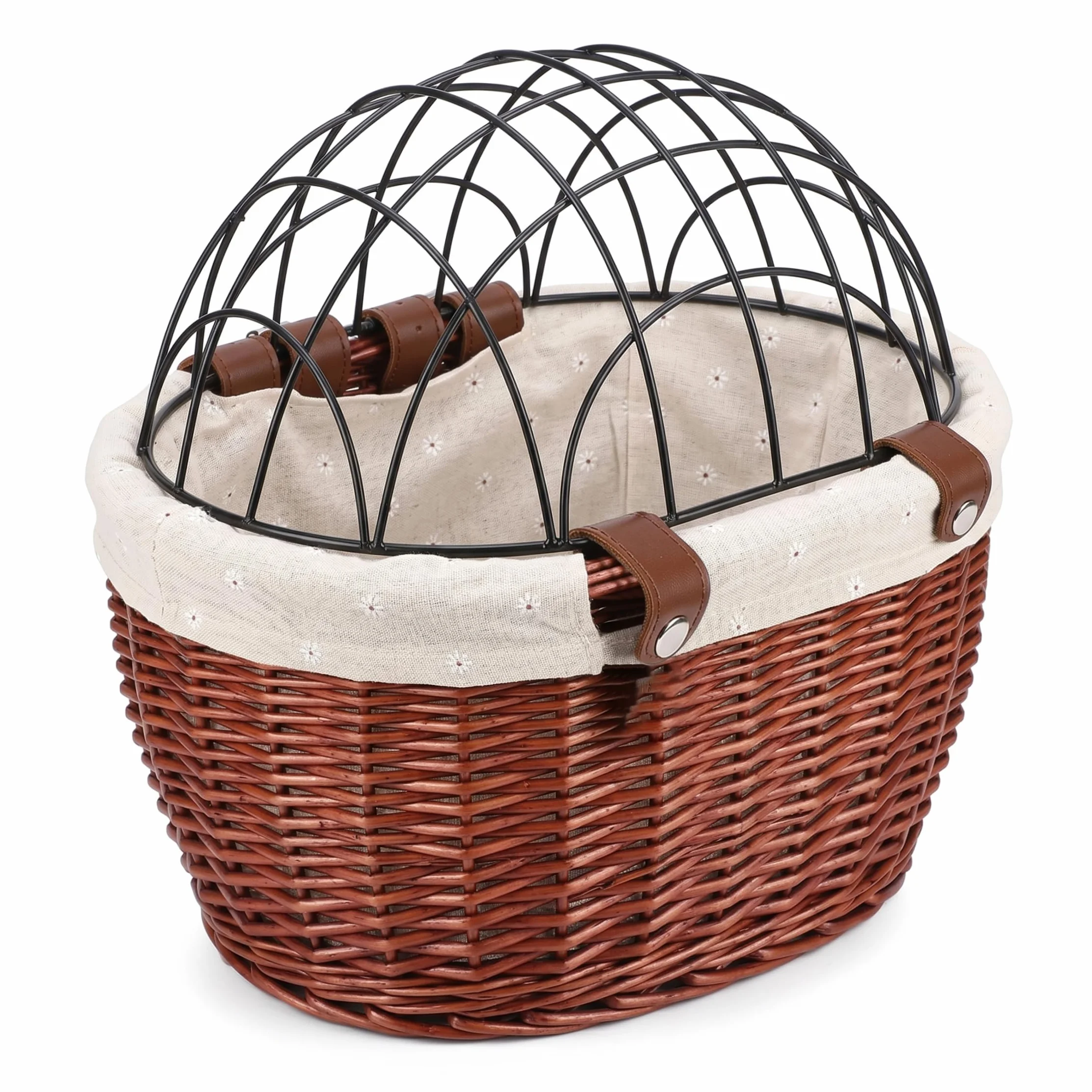 Cestino per cani da bicicletta vintage – Trasportino per animali in vimini intrecciato a mano con coperchio in ferro e cinghie di sicurezza pelle, marrone