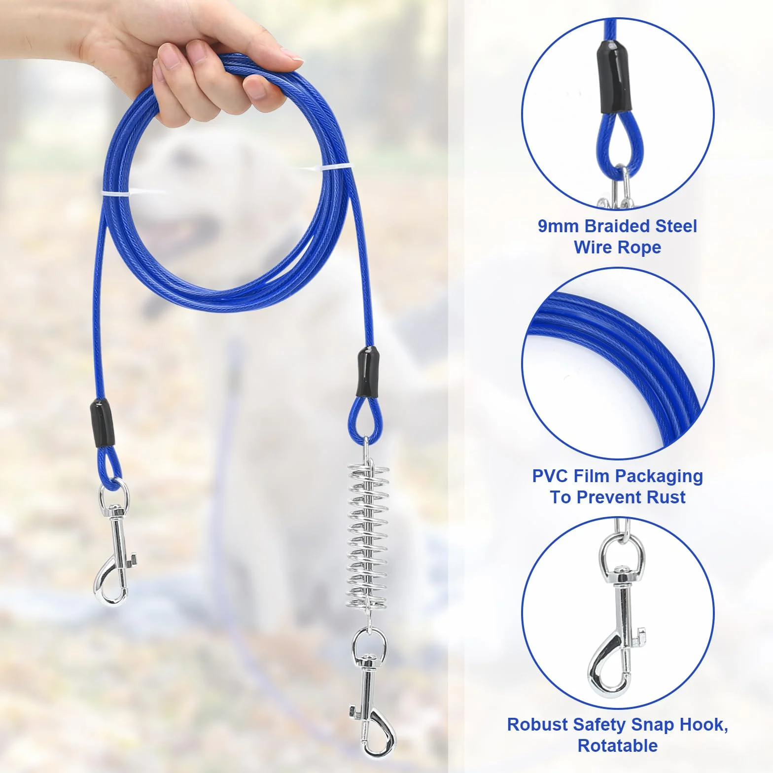 Cavo e paletto per cani, lunghezza 42 cm, diametro 9 mm, corda da addestramento per cani da 3 m con gancio girevole e molla ammortizzante, picchetti solidi per terra, per campeggio all'aperto in