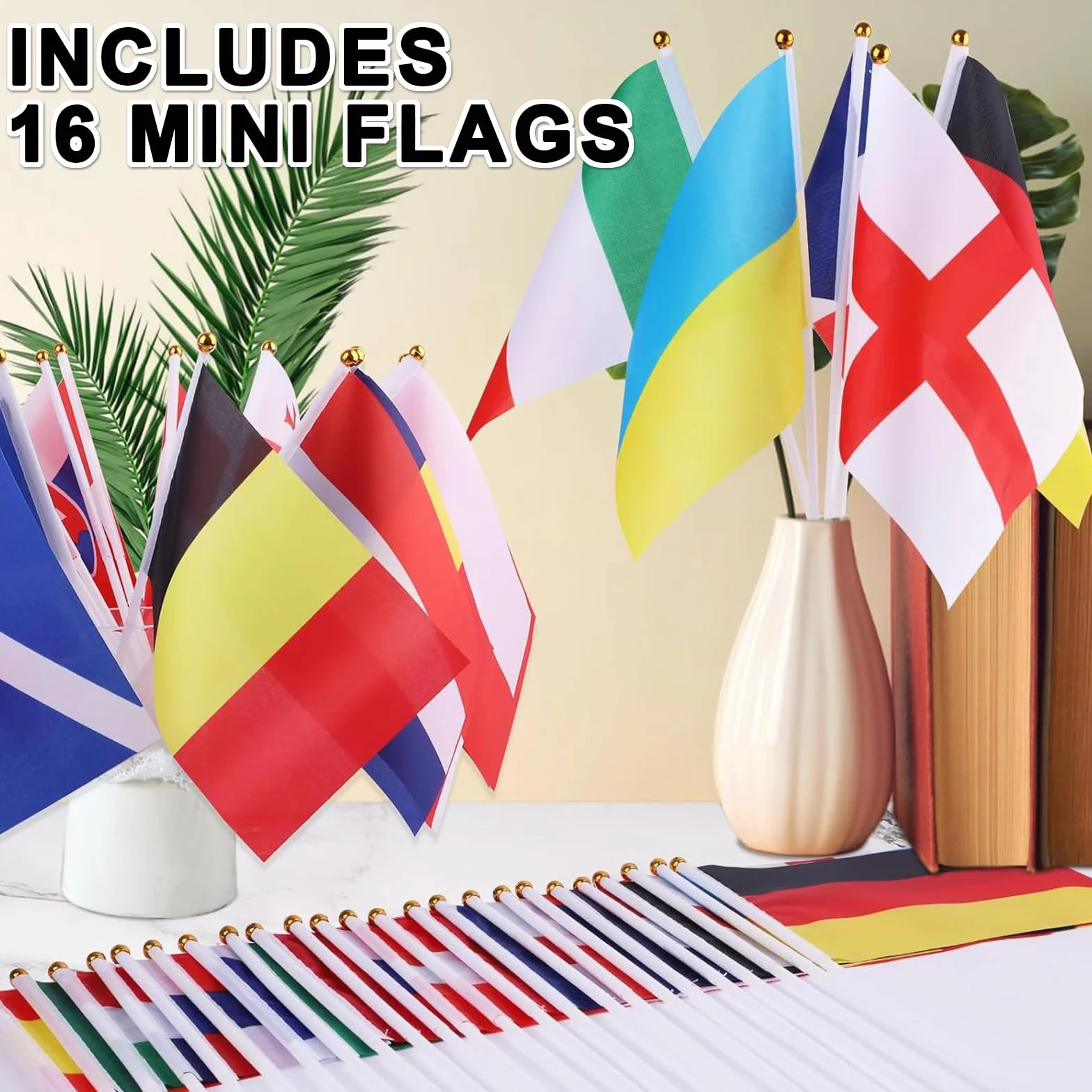 Bandiera Mini Campionato Europeo Calcio Femminile 2025: Set 16 Pezzi 14x21 cm Stelo Plastica