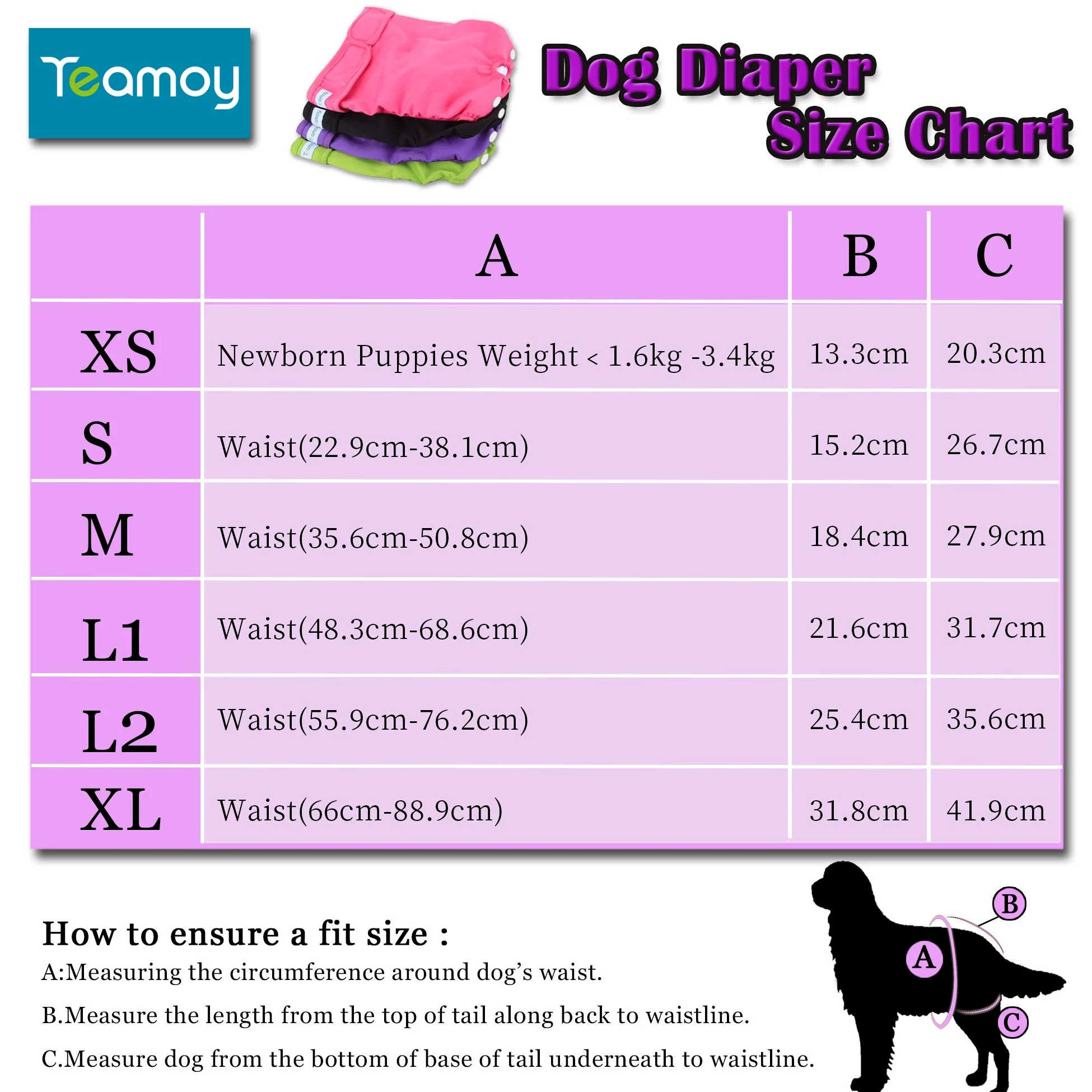 Teamoy 4pcs Pannolini Cane Femmina, Nero + Verde + Rosa + Viola, XL | Pantaloni per Cani Lavabili e Riutilizzabili, Pet Pannolini Altamente Assorbenti e Confortevoli