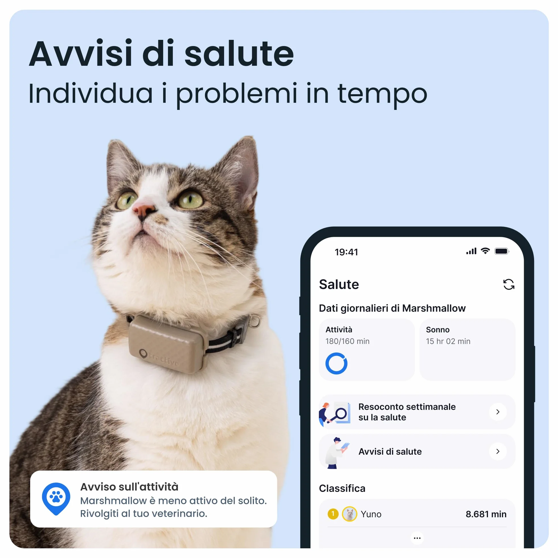 Tractive - GPS gatto modello Mini | N. 1 sul mercato | Localizzazione in tempo reale | Cronologia delle posizioni | Monitoraggio dell'attività | Collare incluso
