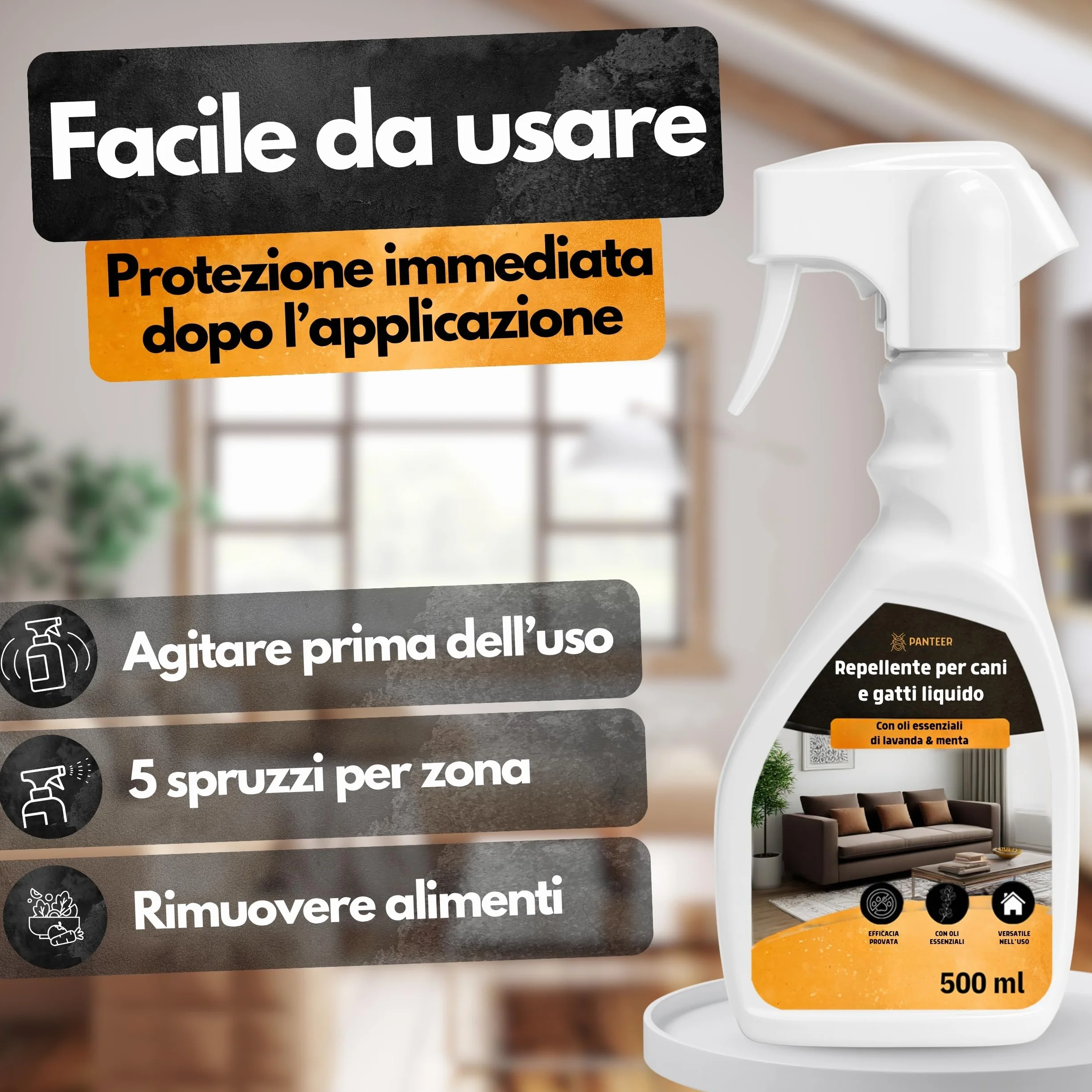 Panteer Spray Barriera Protezione Superfici – 500 ml – Protezione Contro urina e Graffi – per divani, mobili e tappeti – Uso Interno ed Esterno