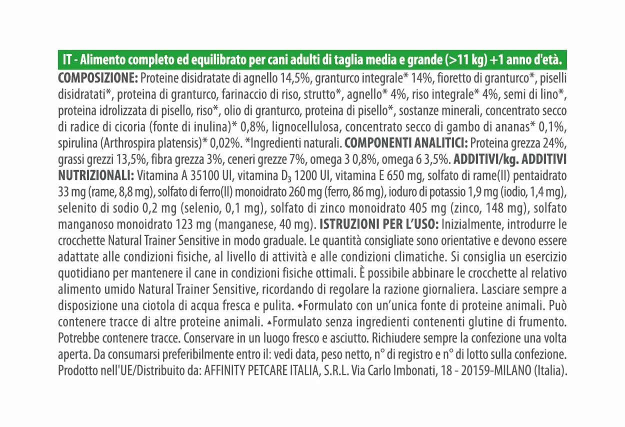 Natural Trainer Sensitive No Gluten Cibo per Cani Adulti Agnello 12kg