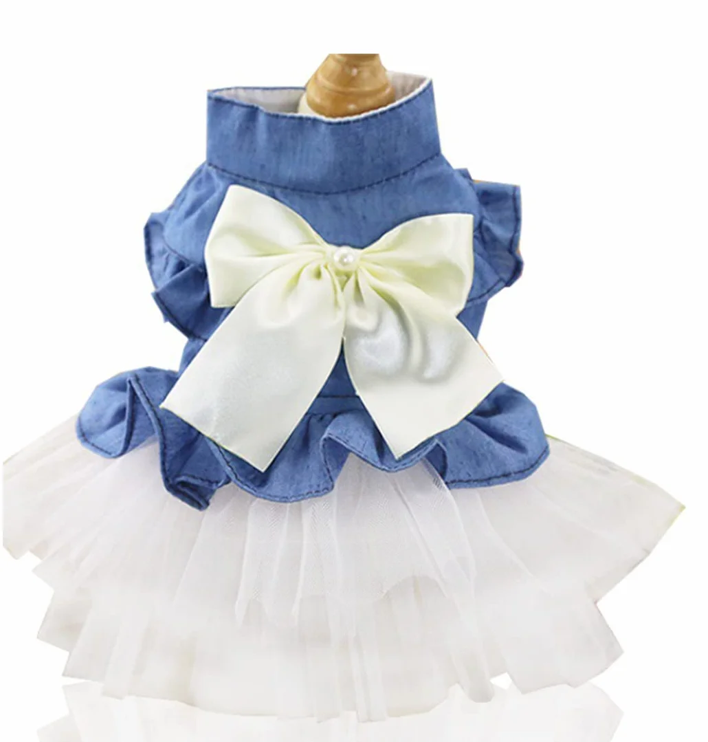 XIAOYU abiti per cani pet bowknot gonna principessa estate gilet per cani denin camicie prendisole dolce abiti da festa di nozze abiti per animali domestici abbigliamento, bianco, M