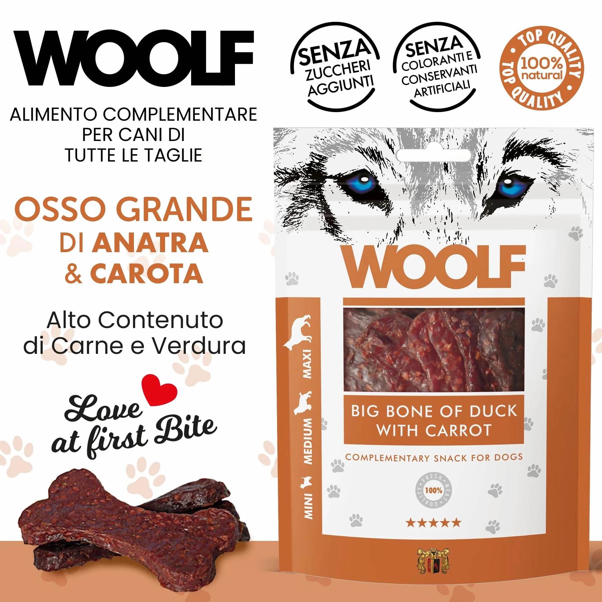 Snack per cani dental stick per cani premietti addestramento masticativi lunga durata osso pulizia denti cane al gusto anatra e carota 100 g | WOOLF