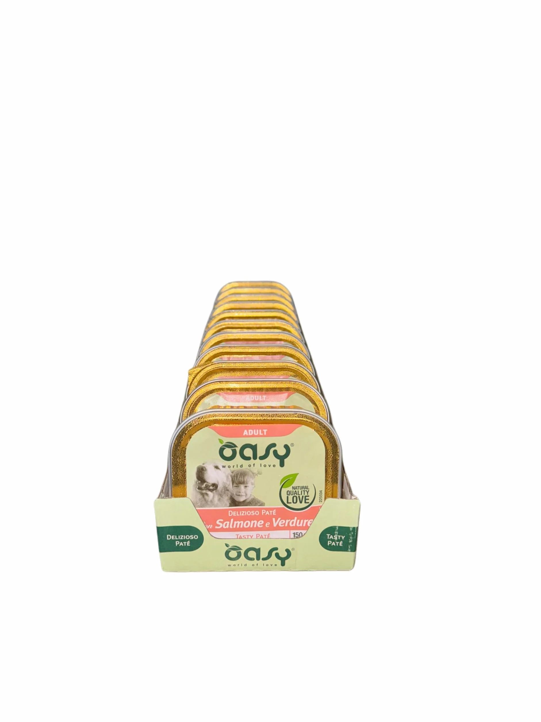Oasy delizioso patè per cani adulti di tutte le taglie, gusto SALMONE e VERDURE | 11 vaschette da 150 grammi l'una.