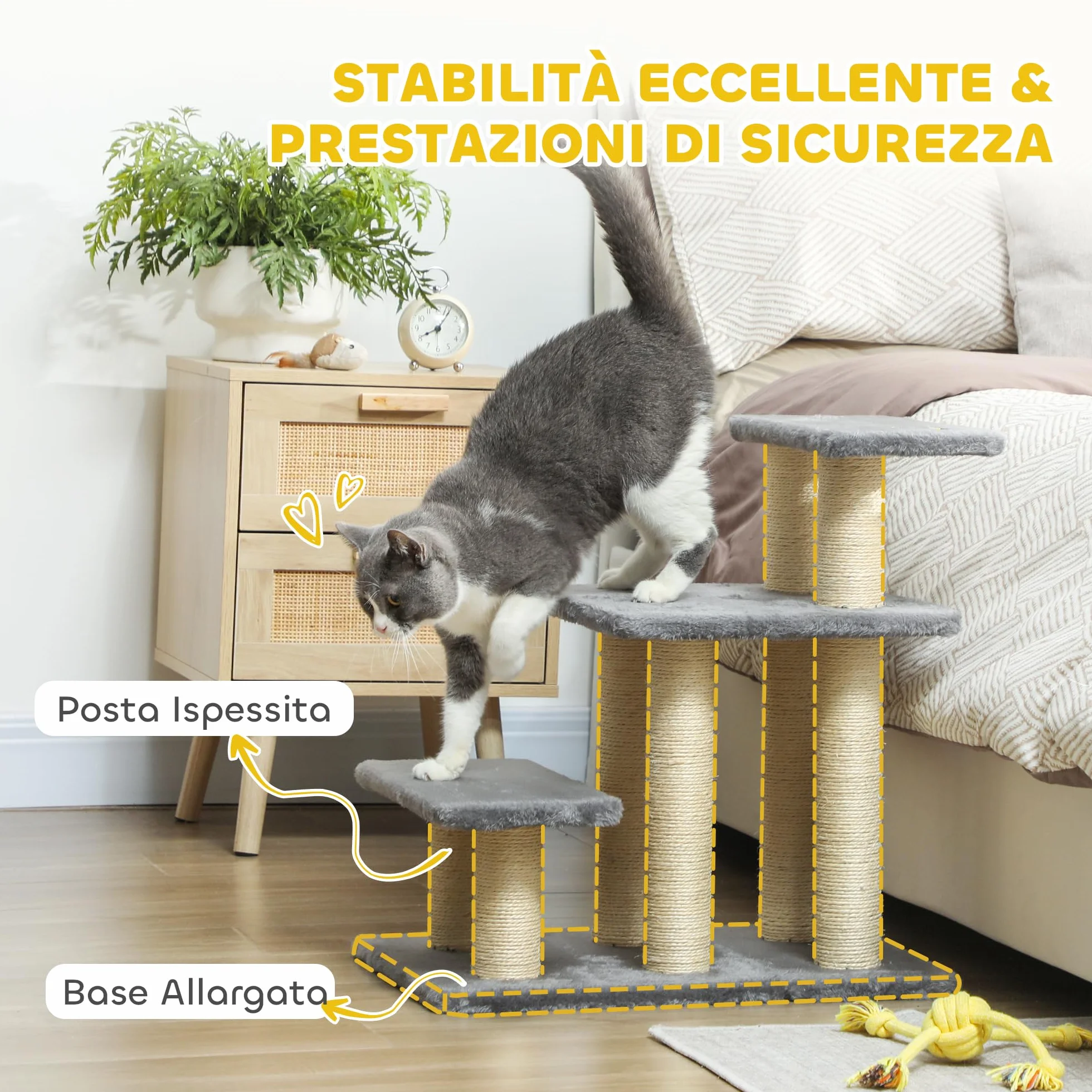 PawHut Scaletta per Cani e Gatti 3 Scalini in Peluche e Pali Tiragraffi in Sisal, Grigio