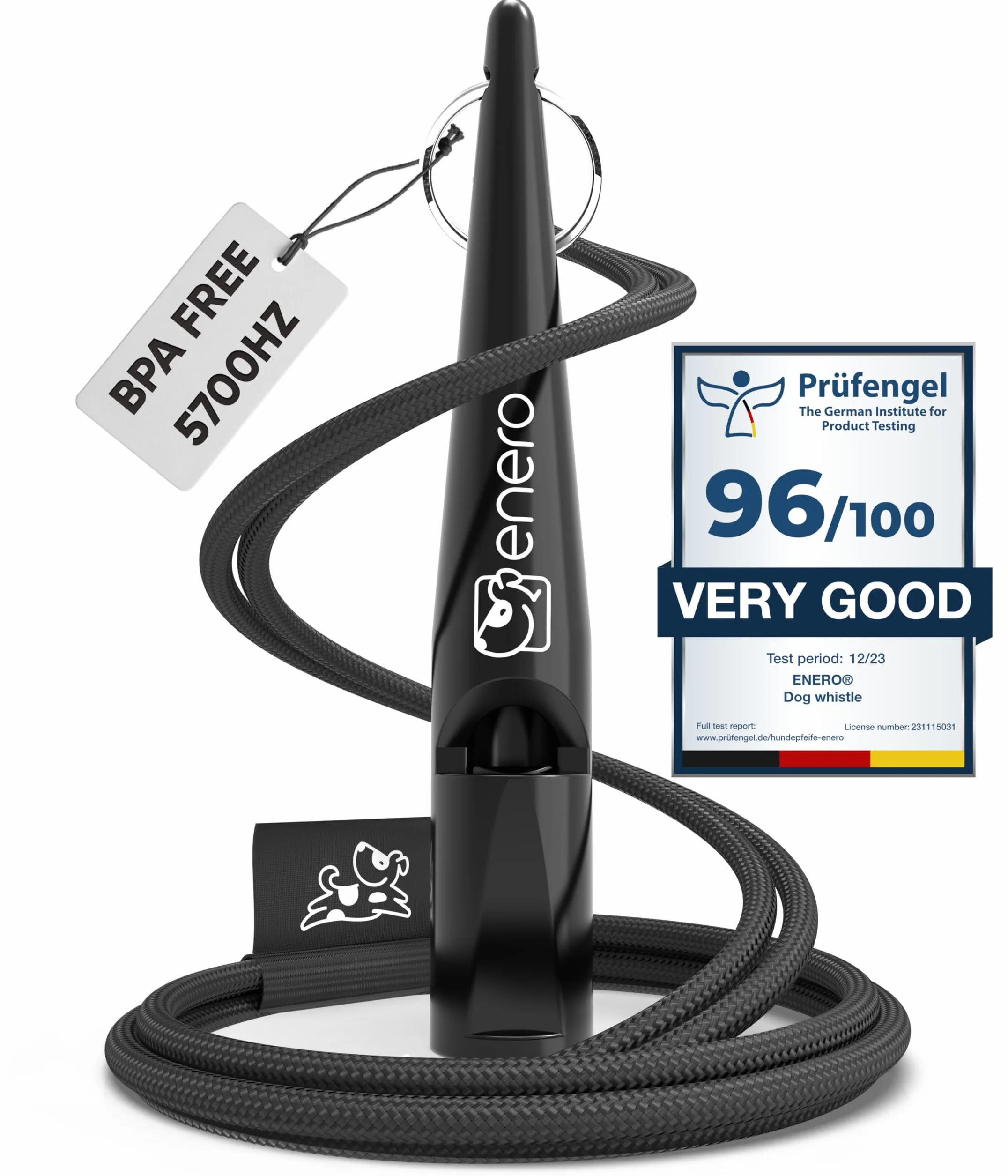 ENERO® Fischietto per cani con pratica fascetta - cani accessori - con frequenza standardizzata - Ideale per l'addestramento dei cani - udibile e di ampia portata - fischio per cani nero