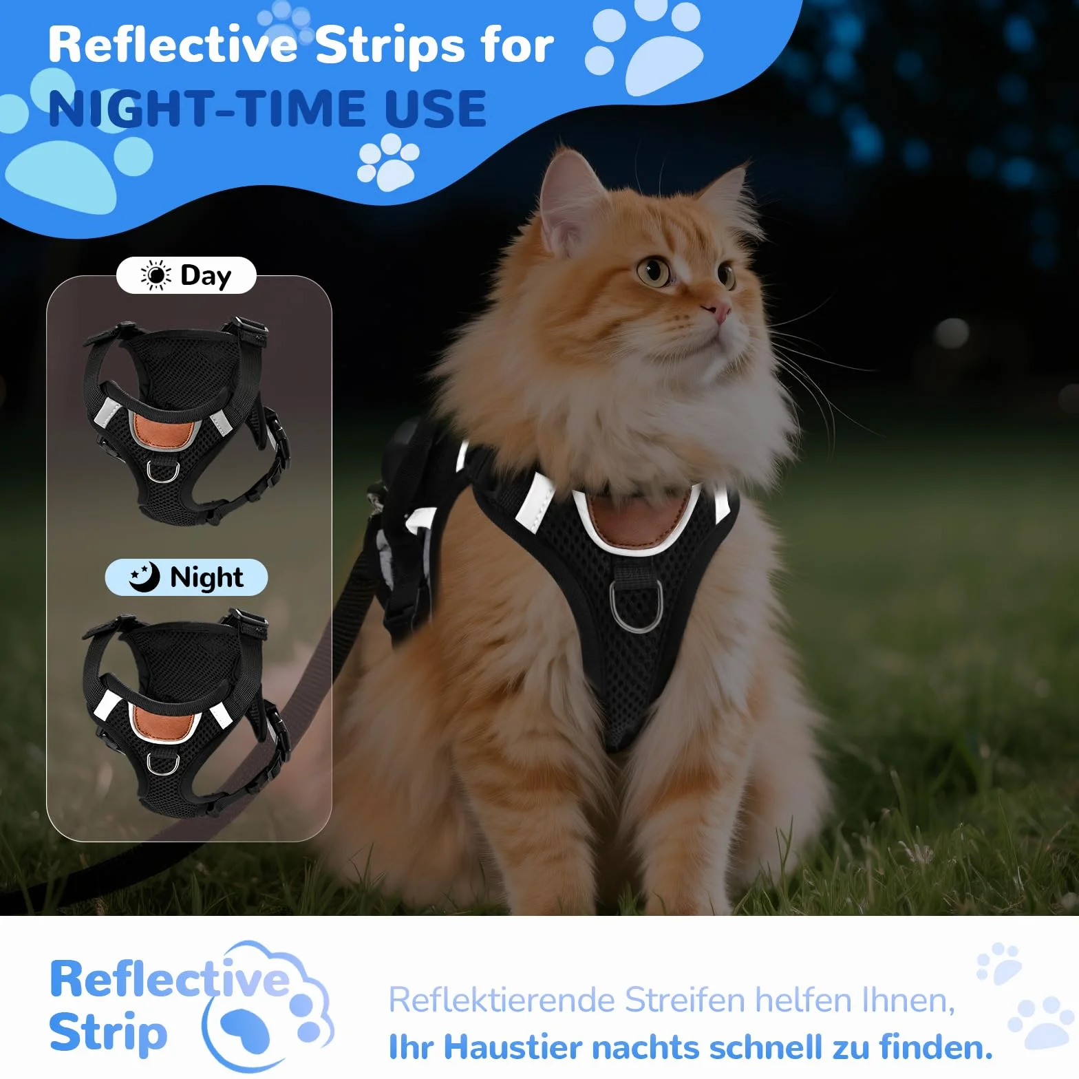 Pettorina per gatti regolabile con guinzaglio, antirottura per gatti, con strisce riflettenti e tessuto a rete traspirante, per gattini, cuccioli (Nero, S)