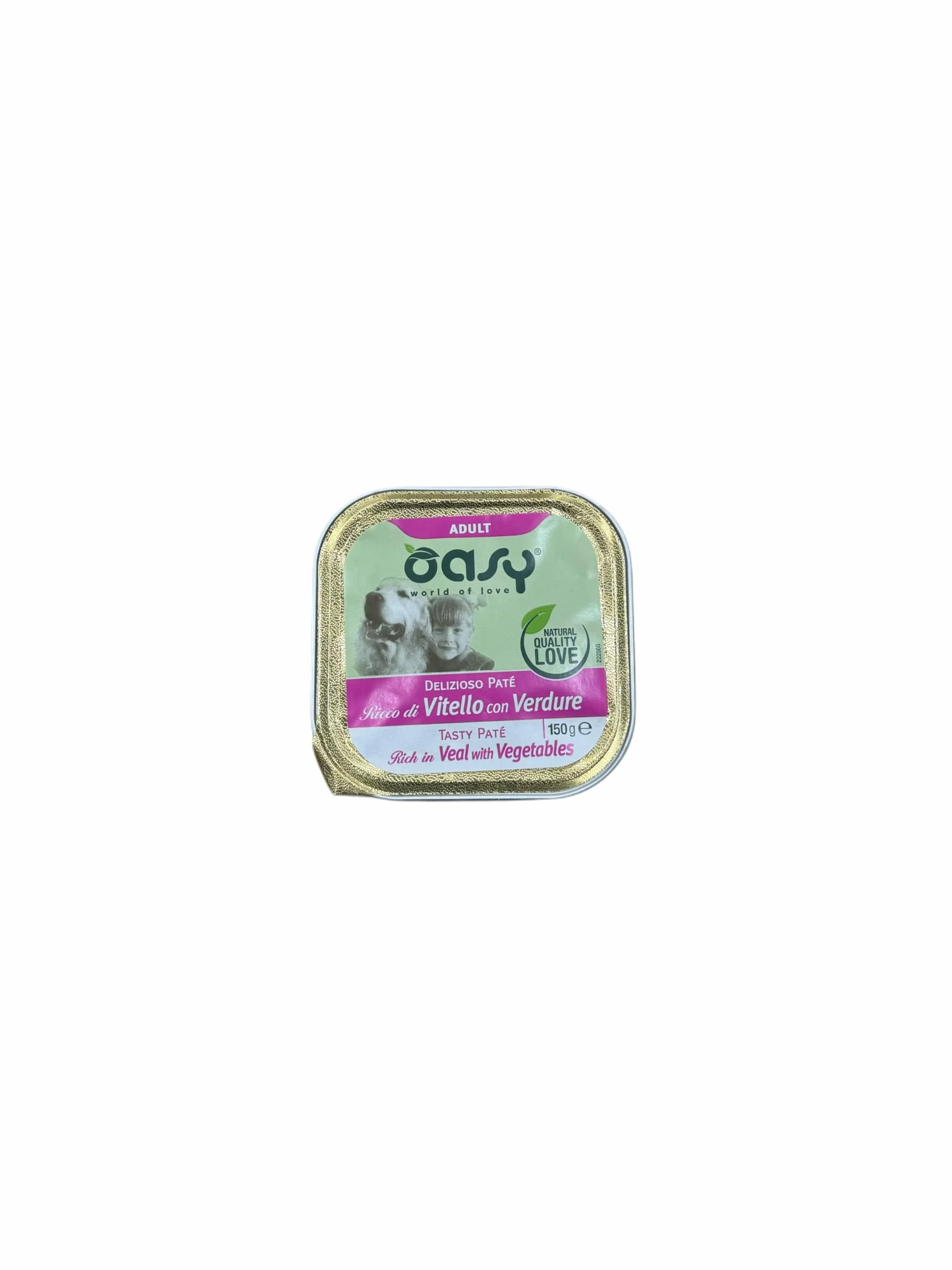 Oasy delizioso patè per cani adulti di tutte le taglie, gusto VITELLO e VERDURE | 11 vaschette da 150 grammi l'una.