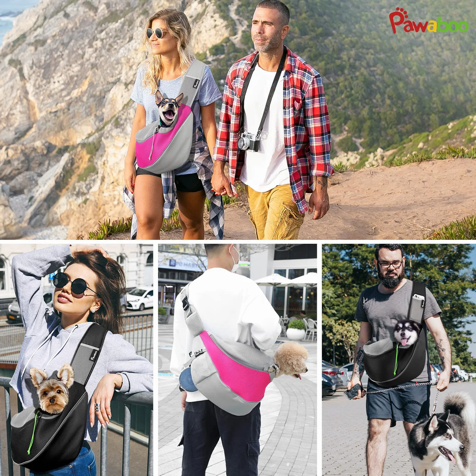 Pawaboo Contenitori da Trasporto per Cani, Zaino per Cani e Gatti, Trasportino da Passeggio con Cordino Regolabile, in Rete Traspirante e Comoda Tracolla, M, Nero