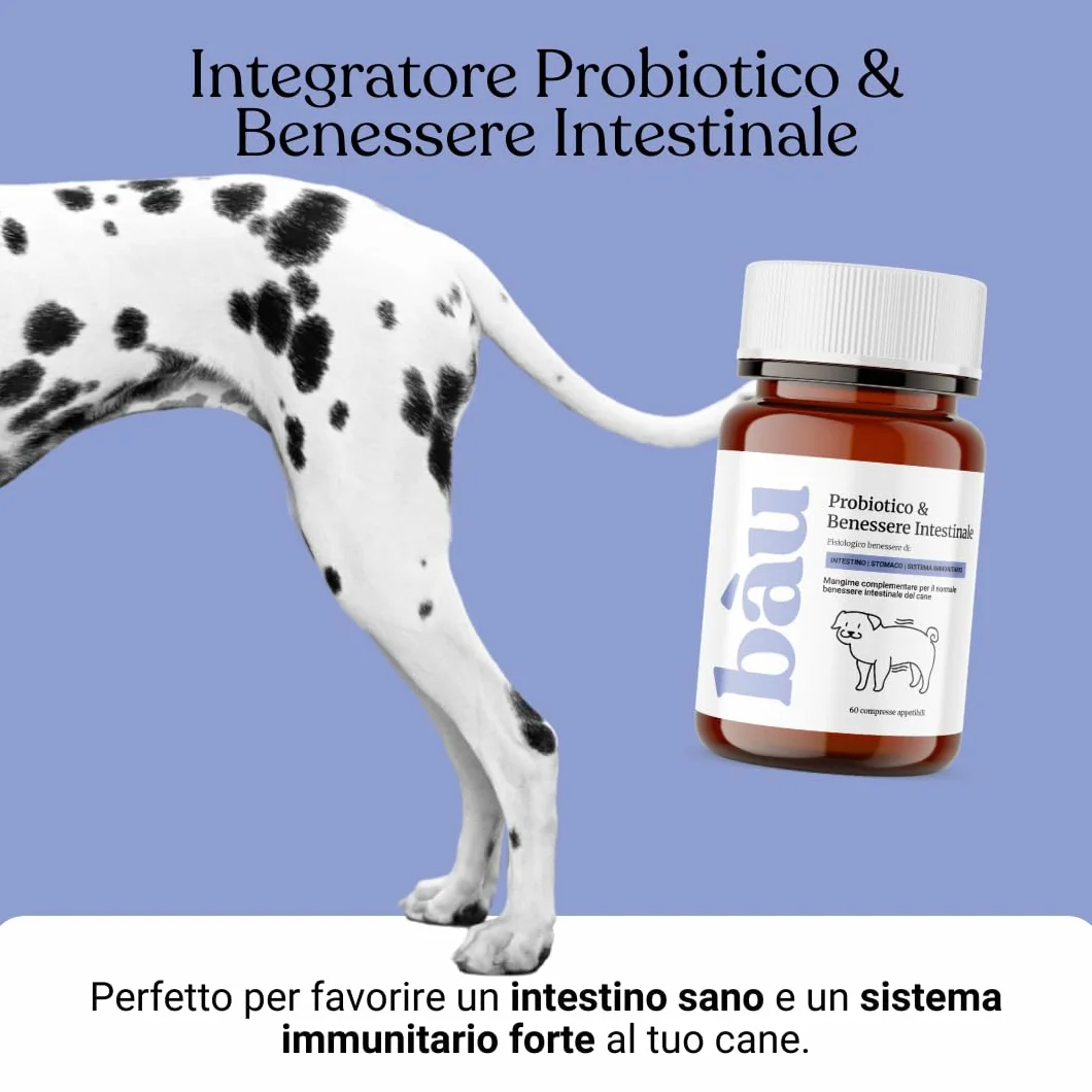 Bau Probiotici per Cani, Fermenti Lattici Cane, Supporto Gastrointestinale Cane, Probiotico Digestivo per Cani Prurito, Integratore Diarrea Cane con Ingredienti Naturali, Probiotico Cane -60cps