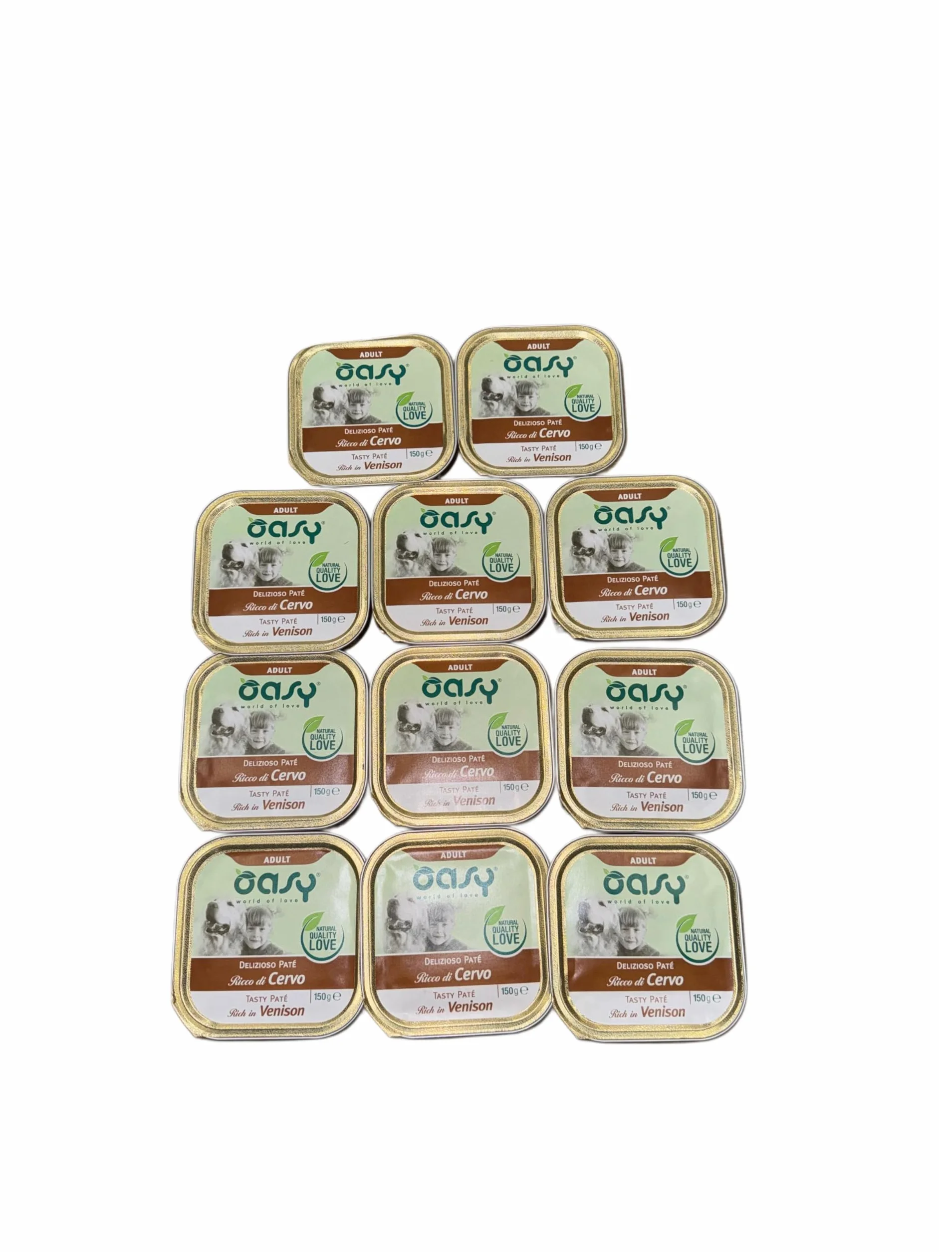 Oasy delizioso patè per cani adulti di tutte le taglie, gusto CERVO | 11 vaschette da 150 grammi l'una.