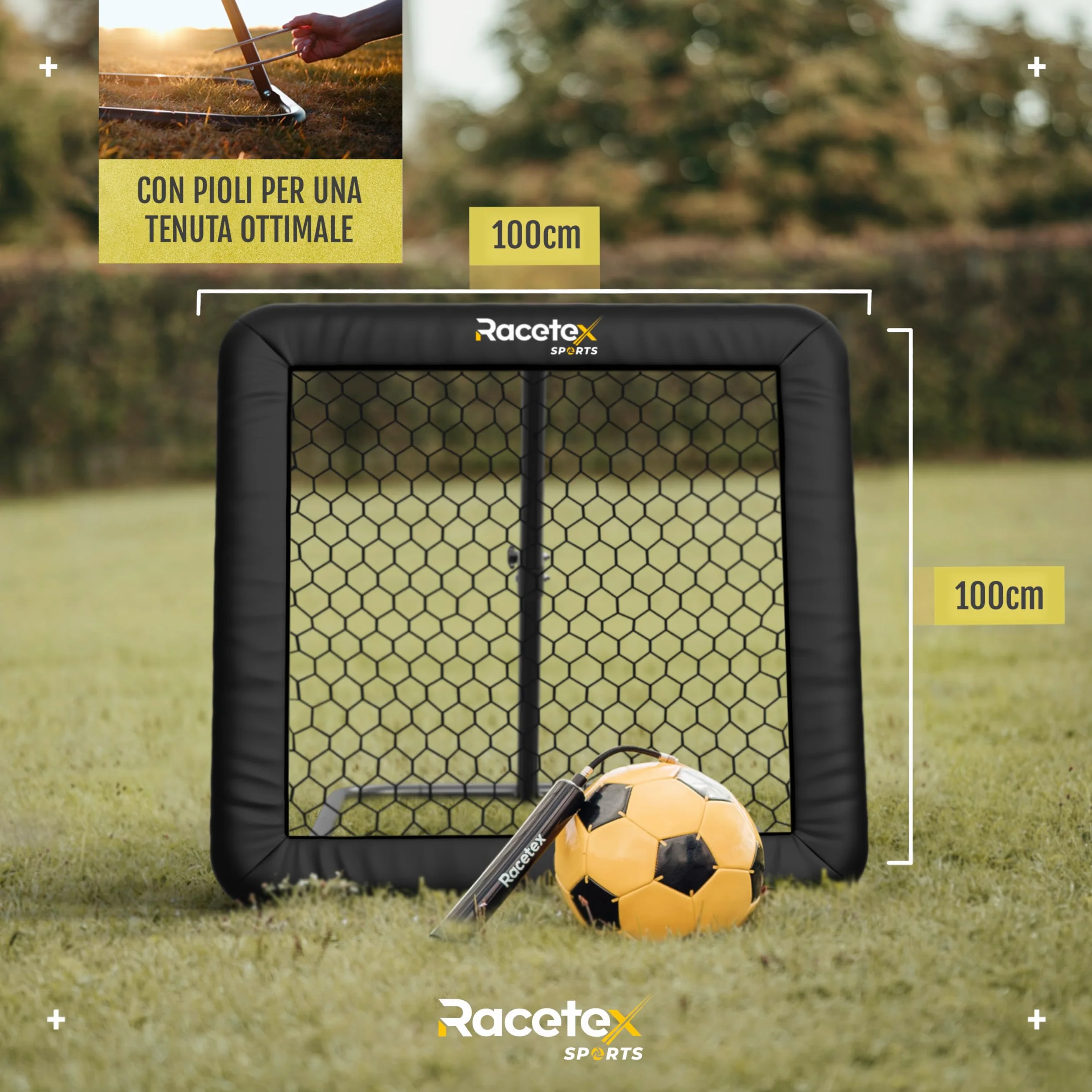 Racetex Rimbalzo per calcio 100 x 100 cm [con copertura] – Rimbalzo da calcio con struttura robusta – Regolabile in modo continuo – Calcio per tiro, passaporto e allenamento
