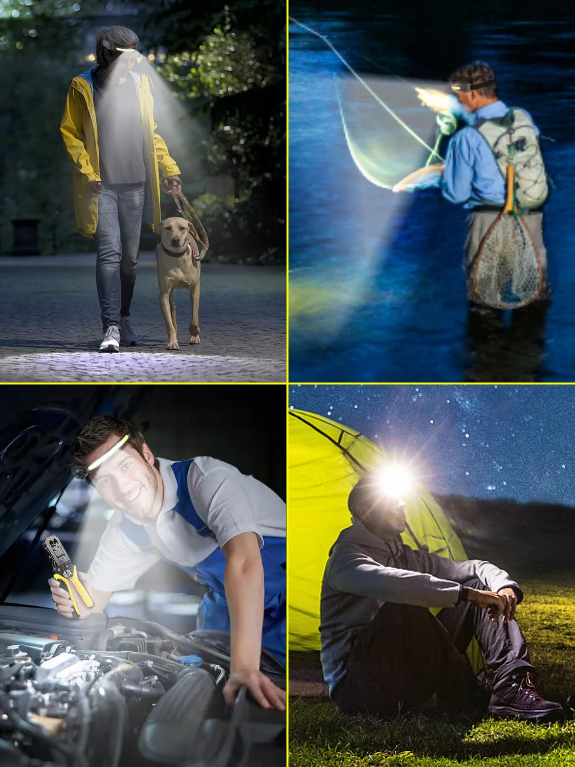 UNBON Torcia Frontale LED Ricaricabile USB C, Sensore Movimento, 5 Modalità Luce, 230° Angolo Ampio, IPX4 per Trekking Corsa Pesca