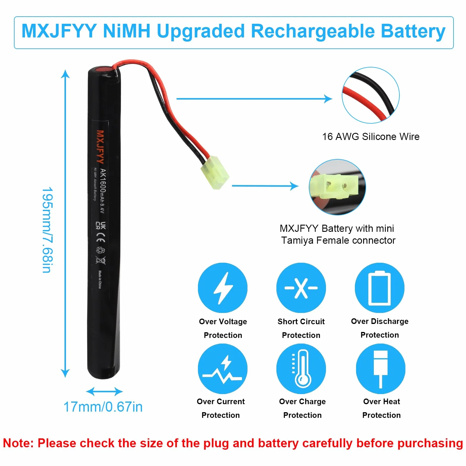 Batteria ricaricabile Airsoft NiMH 2/3 A 8,4 V 1600 mAh per pistole RPK PKM G36C AK47 MP5K