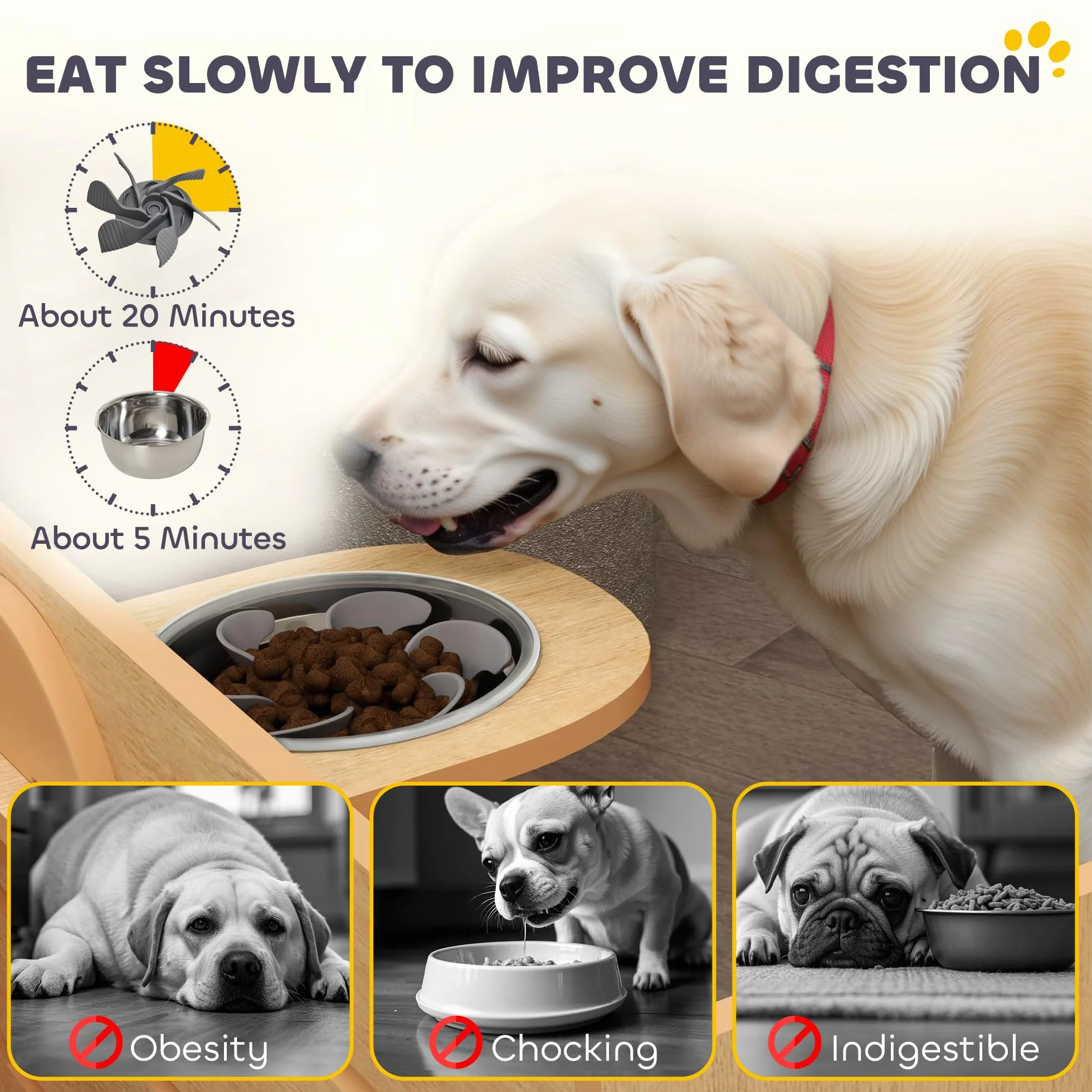 PawHut Ciotola per Cani rialzata di 3 Altezze Regolabili, Ciotola per Cani con 2 Ciotole in Acciaio Inox, Tappetino per Alimentazione Lento, Design Separato, per Cani Piccoli, Medi e Grandi, Rovere