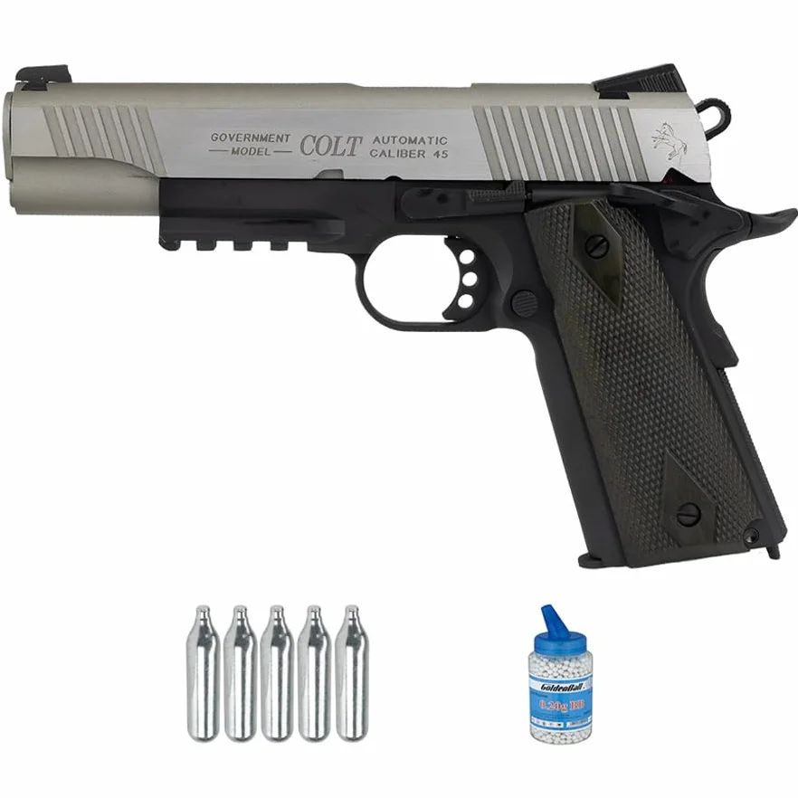 Pistola Colt 1911 Rail Gun Bicolor blowback CO2 (6mm) | Pistola ad aria compressa Airsoft (pallini in PVC) Calibro 6mm + bombola da 0,20+ 5 CO2 (Potenza: 1 joule)