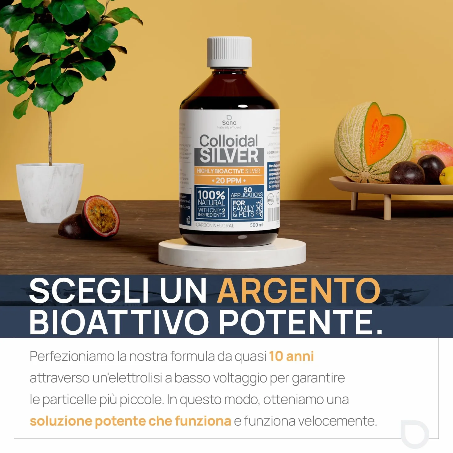 Argento Colloidale Puro 500ml 20 PPM | Per la famiglia & gli Animali (Cani, Gatti) | 100% Naturale : Certificato Cosmos Natural | Carbon Neutral
