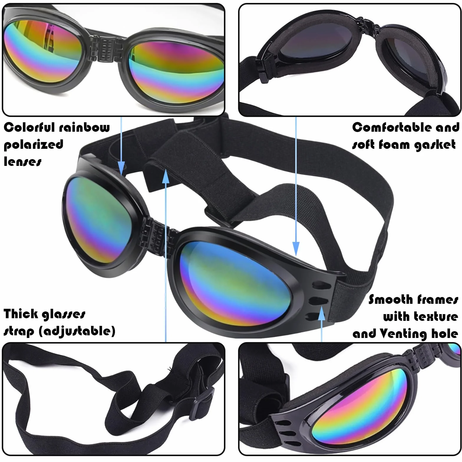 TYXHXTF 2 Pcs Occhiali per Cani, Occhiali da Sole e protettivi per Cani di Taglia Piccola, con Cinturini Regolabili e Pieghevole, Anti UV, Impermeabili, Antivento, Anti Appanamento