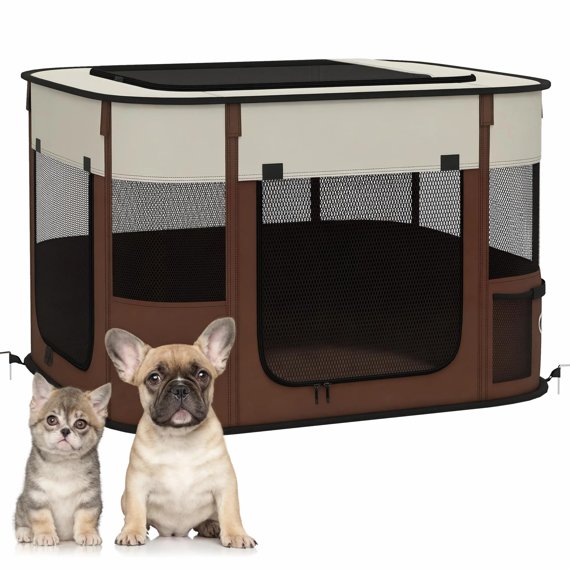 PawHut Box per Animali Domestici con 6 Finestre, 3 Porte e 2 Borse Portaoggetti, Recinto per Cani in Tessuto Oxford e Acciaio, 74x60x45 cm, Marrone