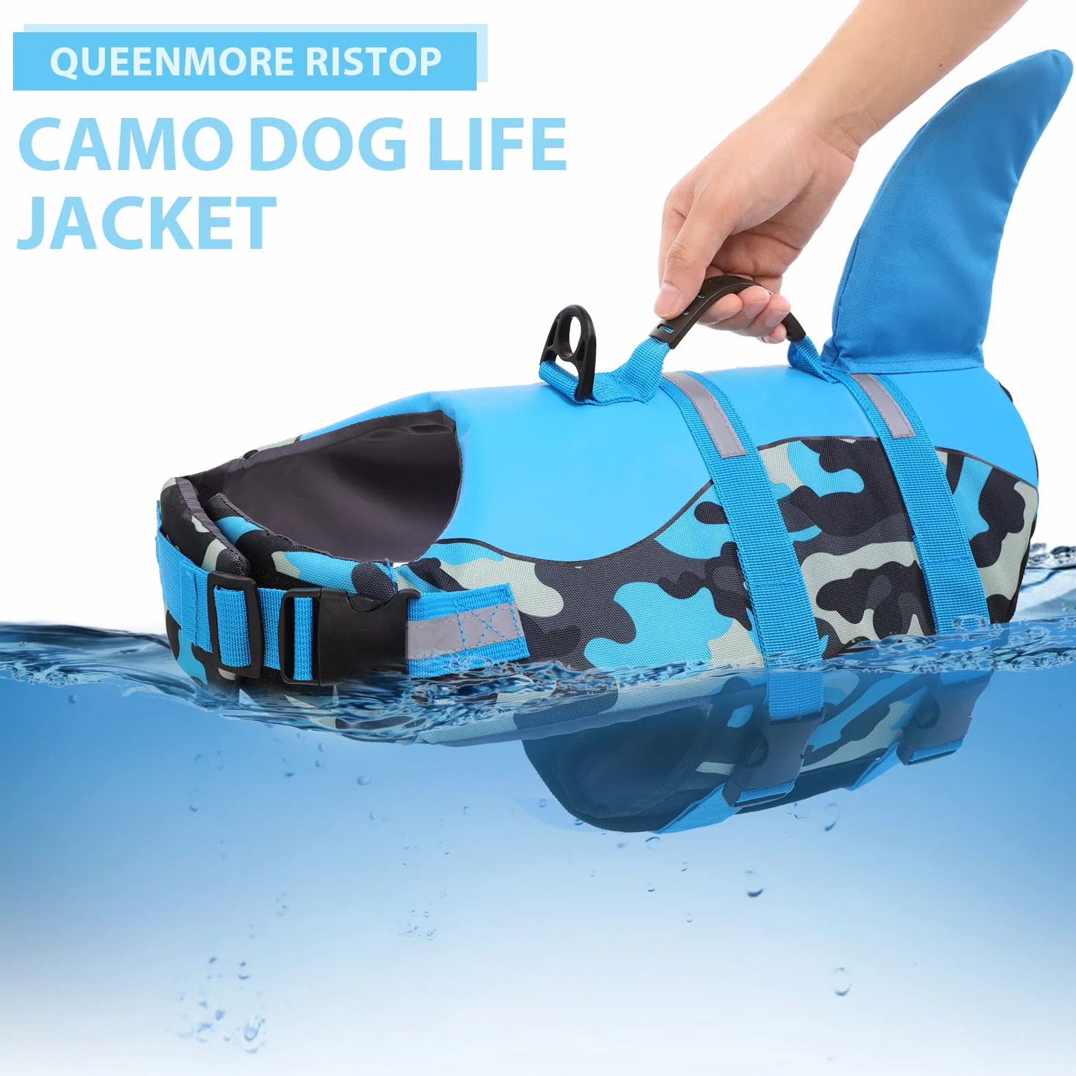 Queenmore Giubbotto di salvataggio per cani in ripstop con squalo, regolabile, elevata galleggiabilità, manico di salvataggio, per cani piccola media grande, blu mimetico