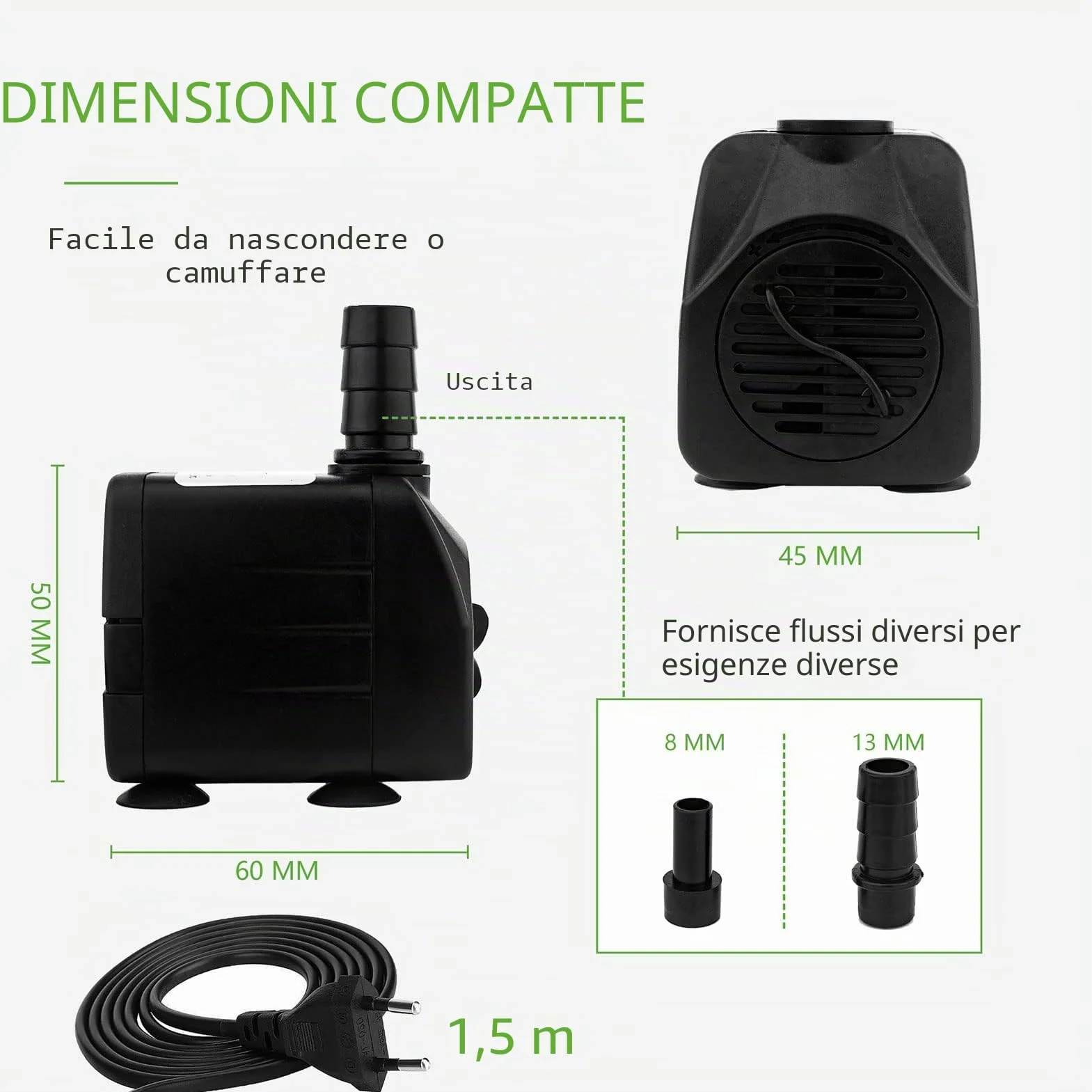 Mini pompa dell'acqua (600 L/H, 10 W), per acquario ultra silenziosa con sollevamento, per fontane, con cavo di alimentazione da 1,5 m, 2 ugelli, per statue, idroponica