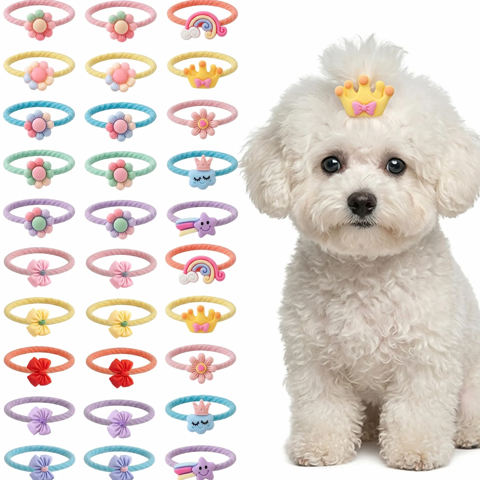 30 Pezzi Accessori per Animali Domestici, Fiocchi per Cani & Elastici per Cani, Papillon Cane con Corona Arcobaleno e Fiori per Cani Piccoli e Gatti