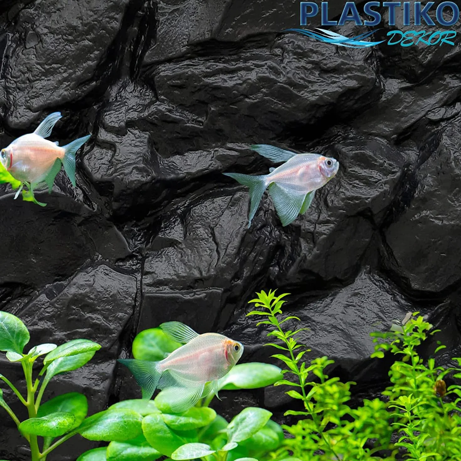 PLASTIKO - Acquario Sfondo 3D I 100x50 cm I Facile da Montare e Pulire I Non Richiede Colla I Sicuro per Gli Animali I Grigio con Un Modello di Pietre Alte