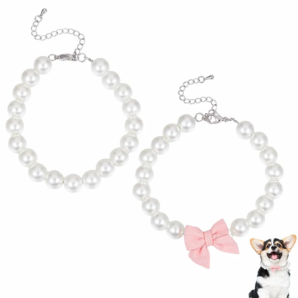 BENECREAT Collana Collare di Perle per Cani e Gatti 205~210mm Fiocco Rosa