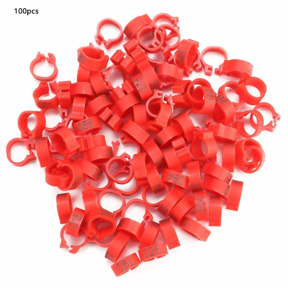 Tnfeeon 100PCS/Bag 8MM Anelli plastica per Fasce per piccioni, 001-100 Anelli plastica numerati 001-100 con Numero(Rosso)
