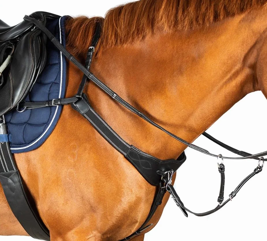 Pettorale elastico a 3 punti con imbottitura in gel, anelli martingala rimovibili, pelle marrone (nero, pony)