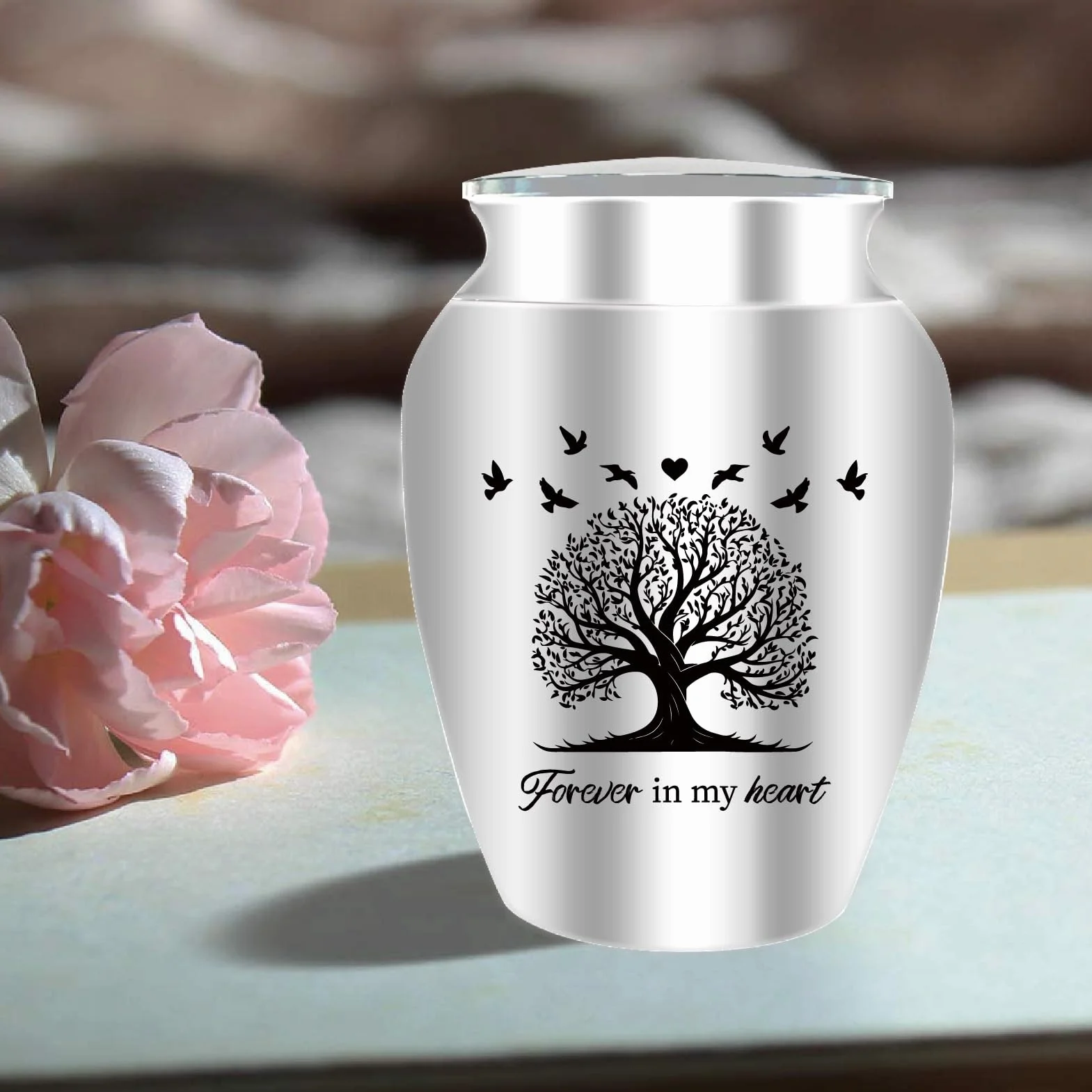 CREATCABIN Piccola Urna Ricordo Albero della Vita Mini Urna Ceneri Portacenere in Alluminio Cremazione Funebre Parola Incisa Sacchetto Velluto Regalo Commemorativo Mamma papà Famiglia 6.5x4.5cm