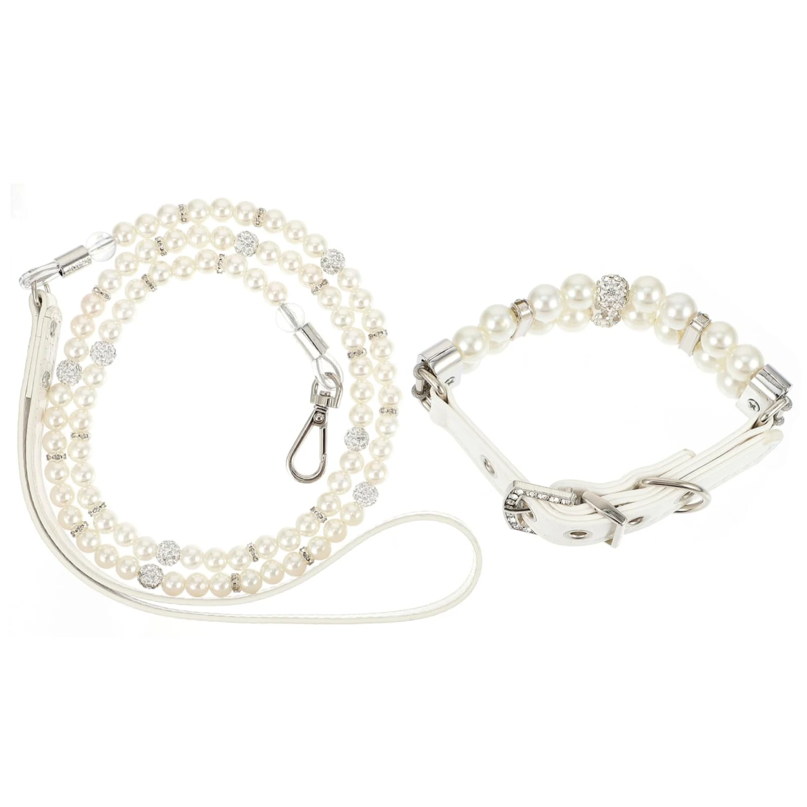 Collare e Guinzaglio Cane Perle Finte Bianco in Pelle PU 2 Pezzi | Regolabile e Staccabile, per Cuccioli e Cani Piccoli, per Addestramento, Feste, Matrimoni e Foto, Bianco