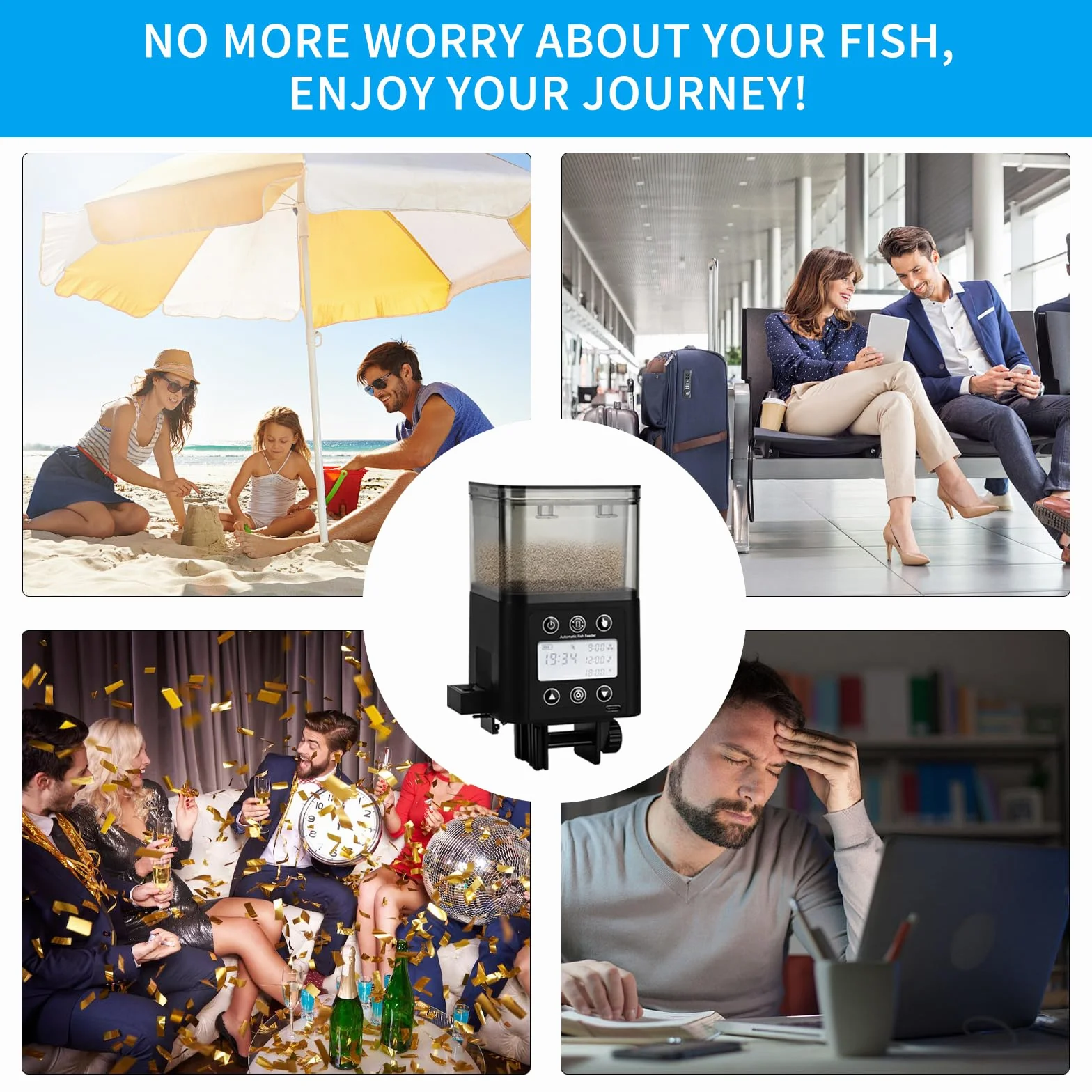 Podazz Alimentatore automatico per pesci, ricaricabile, con timer, con display LCD, 320 ml, alimentatore elettrico per pesci a prova di umidità, per il fine settimana in vacanza