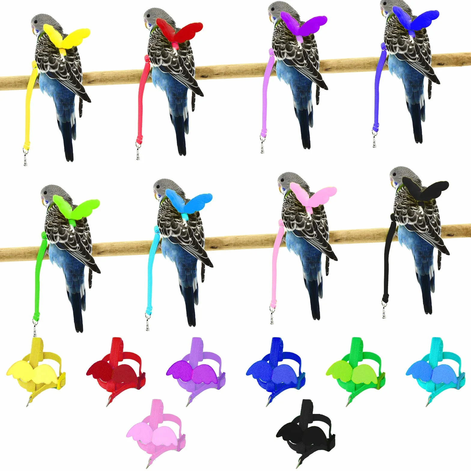 Pet Parrot Bird Pettorina e guinzaglio per cani - Design di addestramento regolabile - Anti-morso - Corda in nylon con adorabile ala per pappagalli - Adatto per Alexandrine, Scarlet, Keck